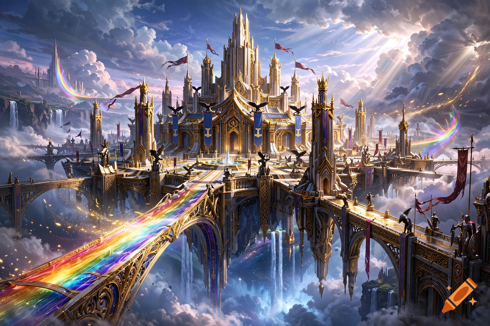 Digital illustration of the majestic golden city of Asgard with a rainbow bridge extending from a towering castle amid clouds and bright sunlight.