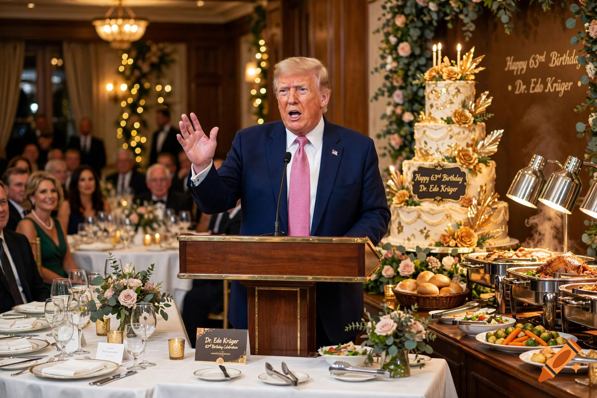 Photorealistic image of Donald Trump speaking at a podium during a birthday celebration with a large decorated cake and buffet.