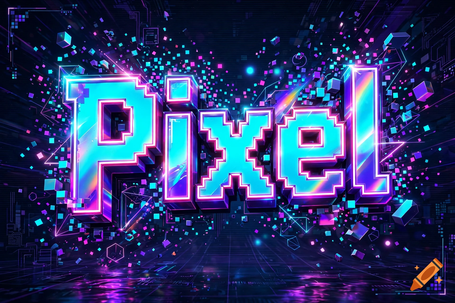3D neon blue and pink glowing pixel text 'Pixel' floating in a futuristic digital space with floating particles.