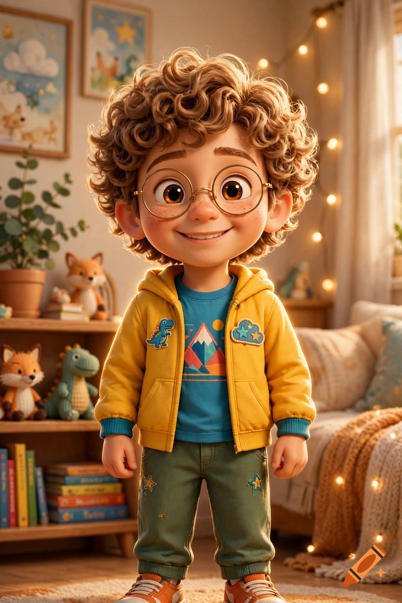 Pixar style 3D render of a cute curly-haired boy wearing glasses and a yellow hoodie in a cozy bedroom.