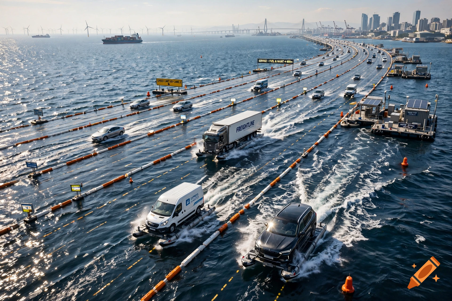 Photorealistic aerial view of cars and trucks driving on multi-lane water highways with floating barriers on the sea.