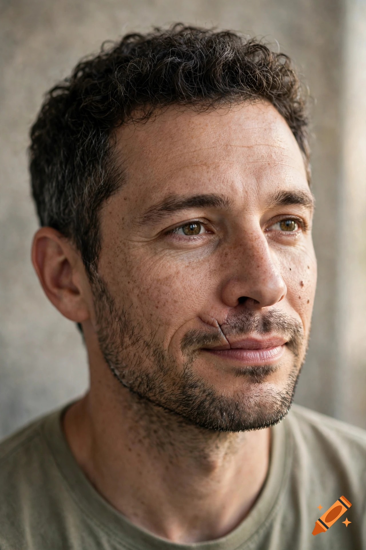 Photorealistic close-up portrait of a man with short curly hair and a scar near his mouth.