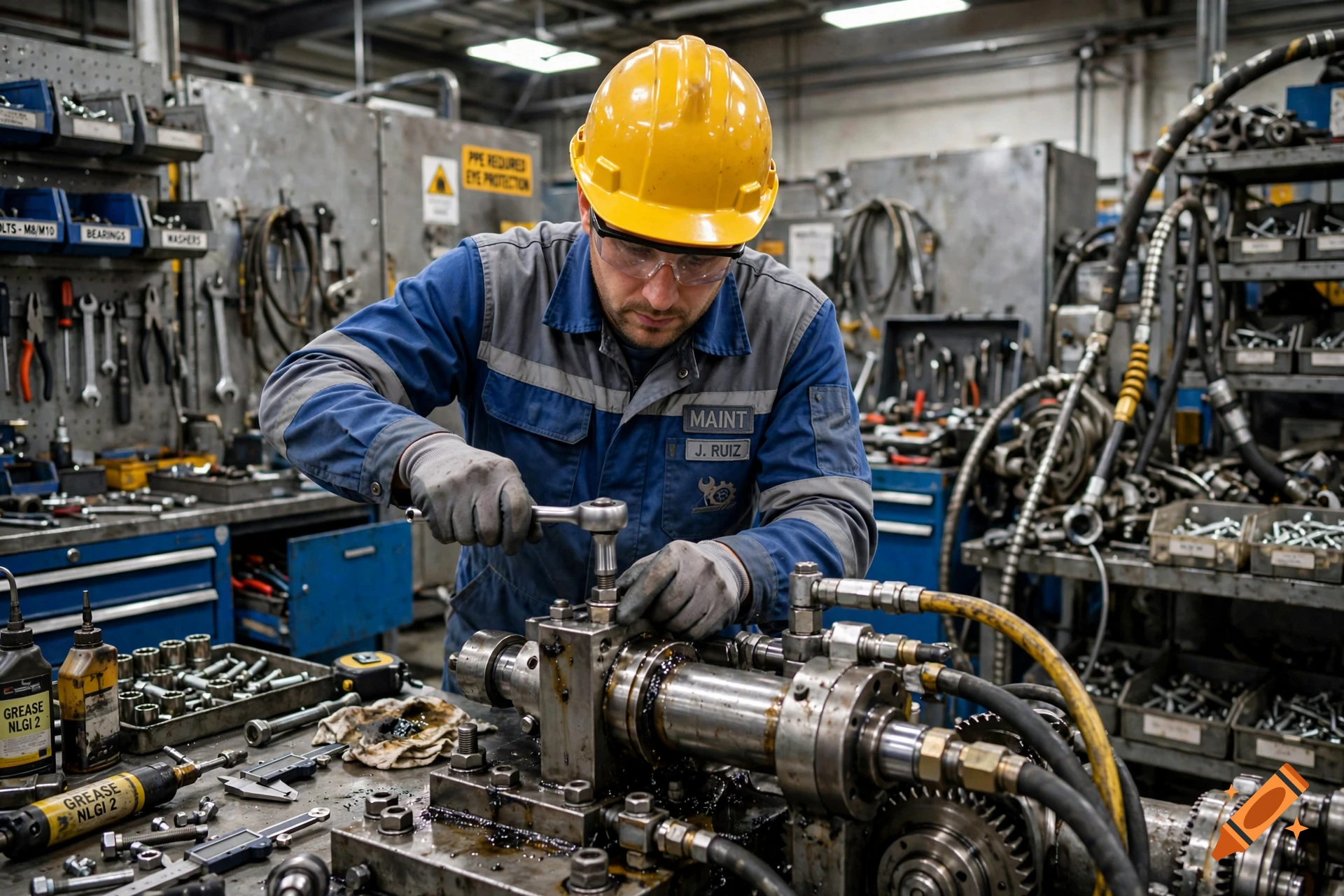 Photorealistic image of a maintenance worker wearing a yellow hard hat and safety glasses, working on machinery in a factory.