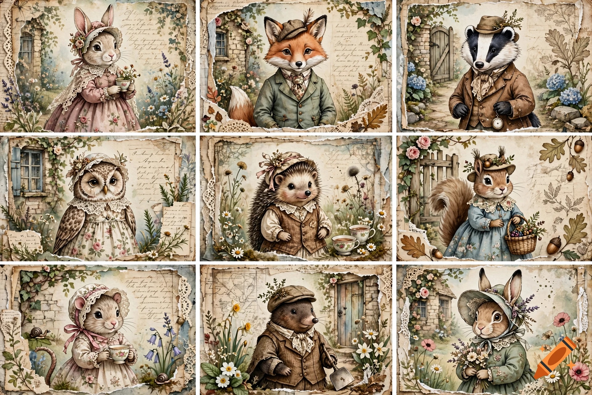 A collage of nine vintage-style illustrations depicting anthropomorphic woodland animals dressed in Victorian attire, including a rabbit, fox, badger, owl, hedgehog, squirrel, mouse, mole, and hare, surrounded by botanical elements and rustic cottage backgrounds.