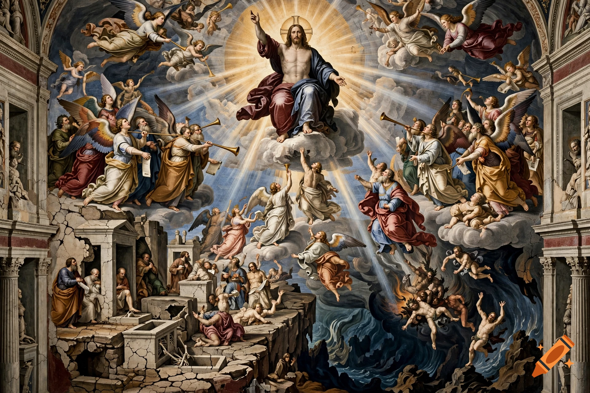 Renaissance style painting depicting the Last Judgment with Christ in glory surrounded by angels and saints.