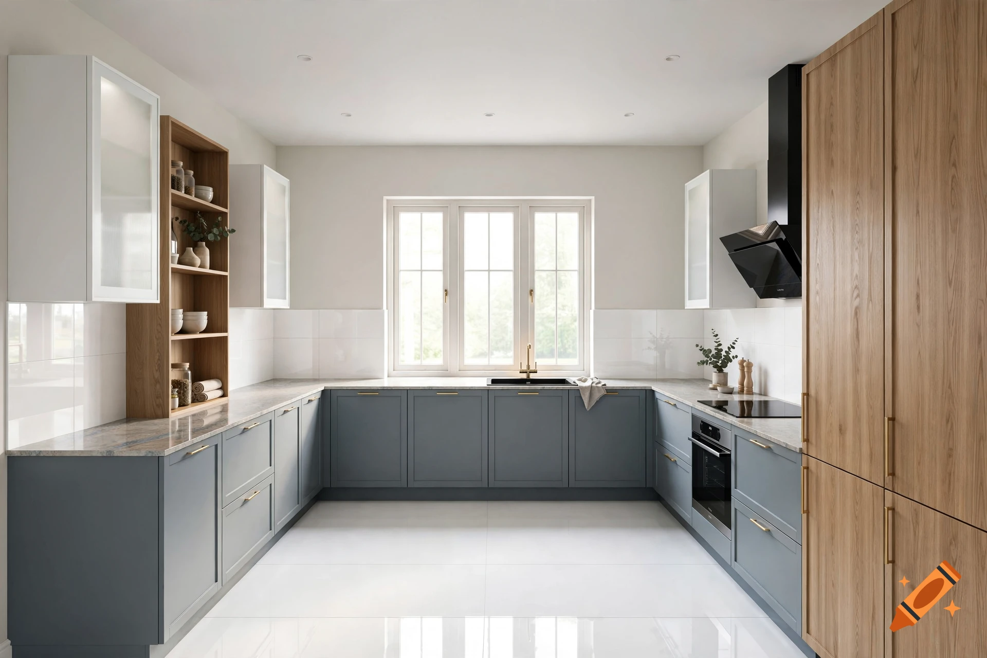 Modern U-shaped kitchen with grey-blue cabinets, wooden accents, white tiled floors, and a triple window.