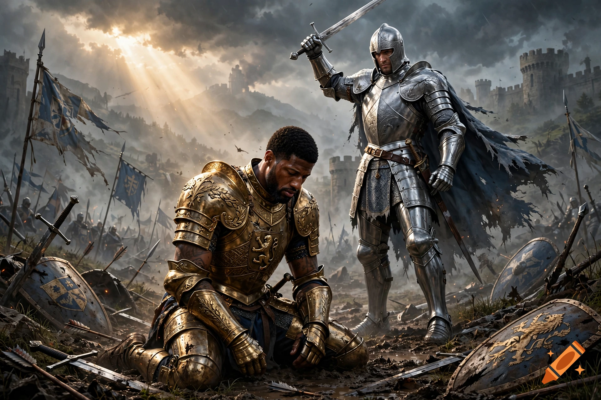 A knight in golden armor kneeling defeated on a battlefield in front of another knight in silver armor holding a sword.