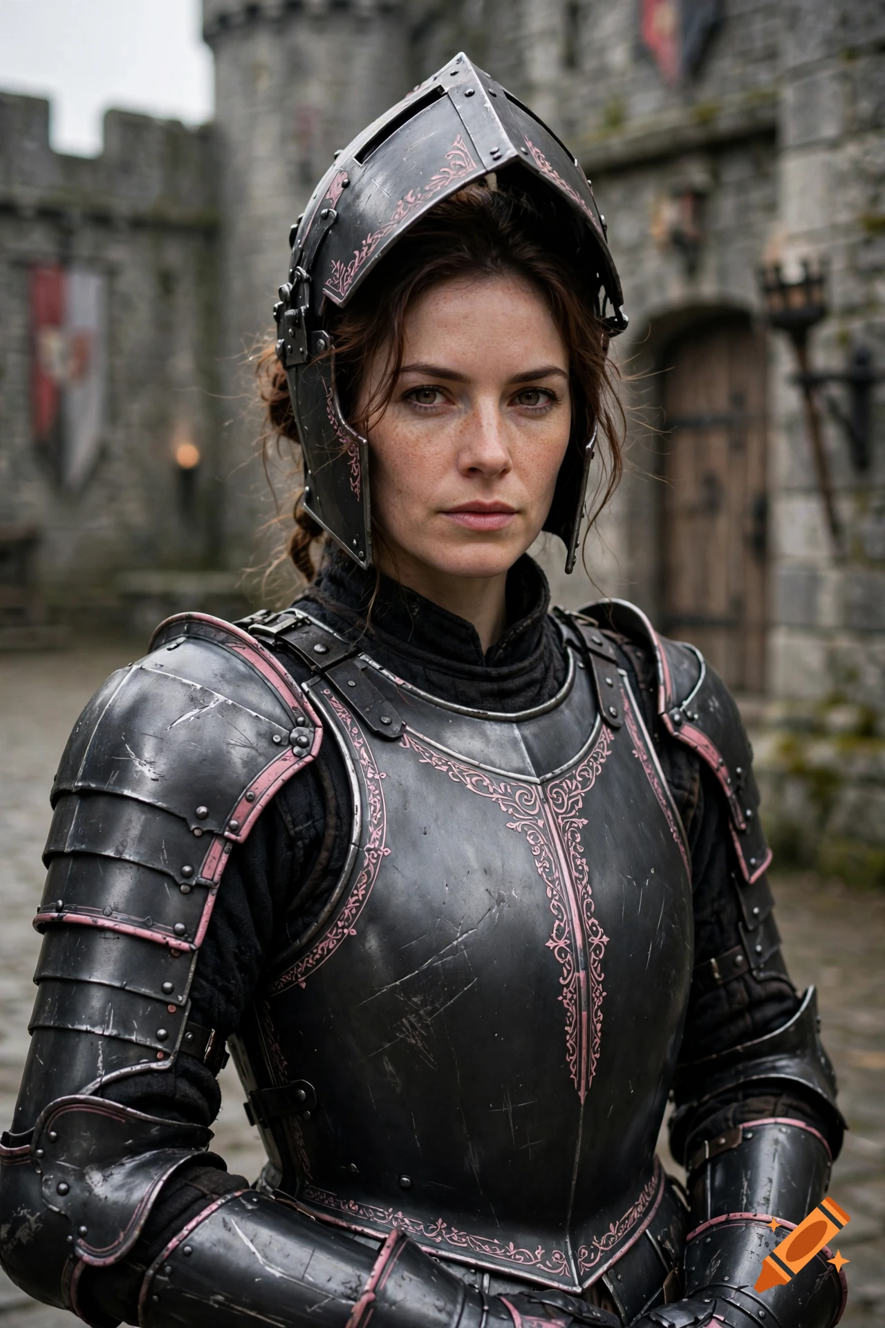 Close-up photorealistic portrait of a female warrior wearing black medieval plate armor with pink accents, standing in front of a castle.
