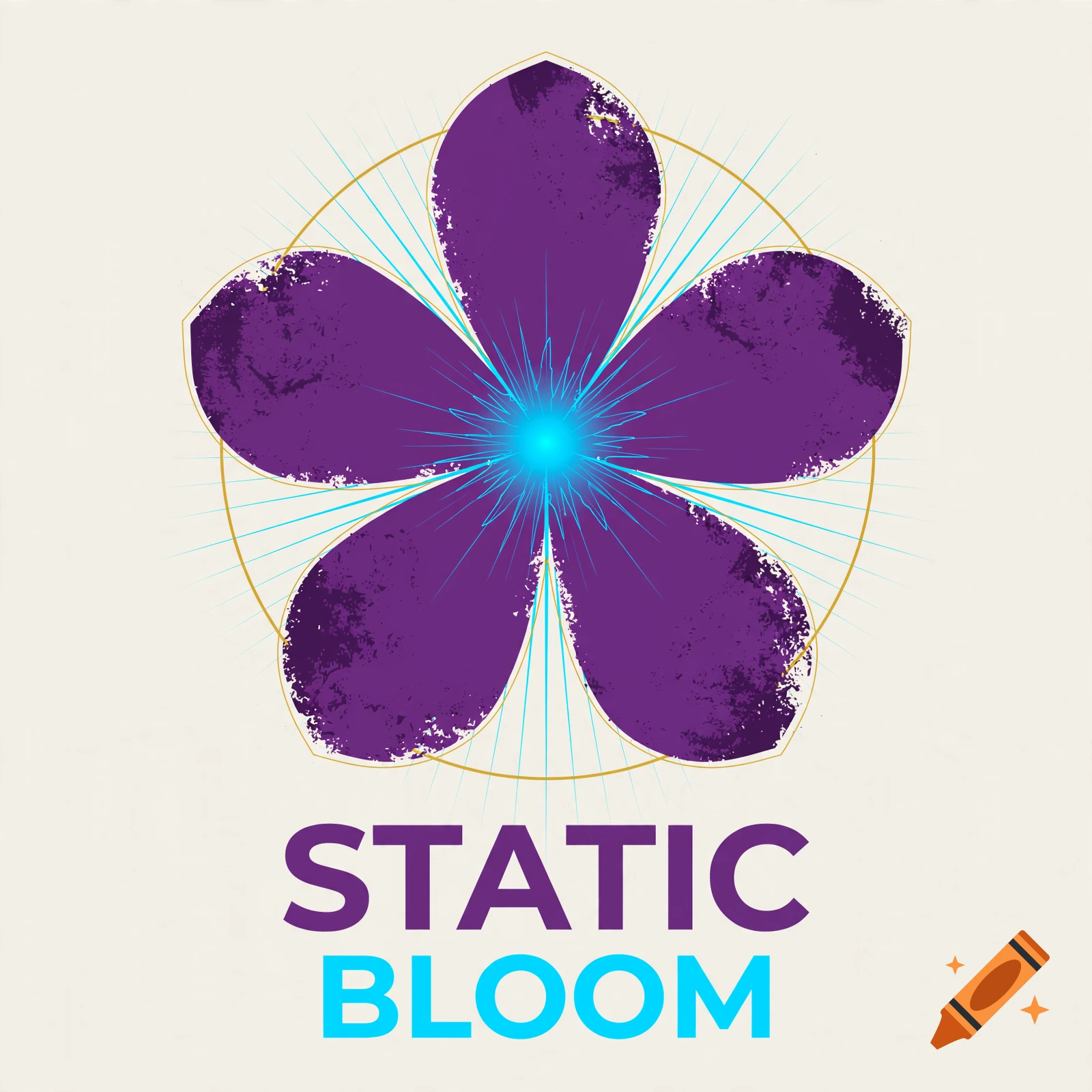 Logo with a purple 5-petal flower, cyan center glow, and the text STATIC BLOOM in purple and cyan on an off-white background.
