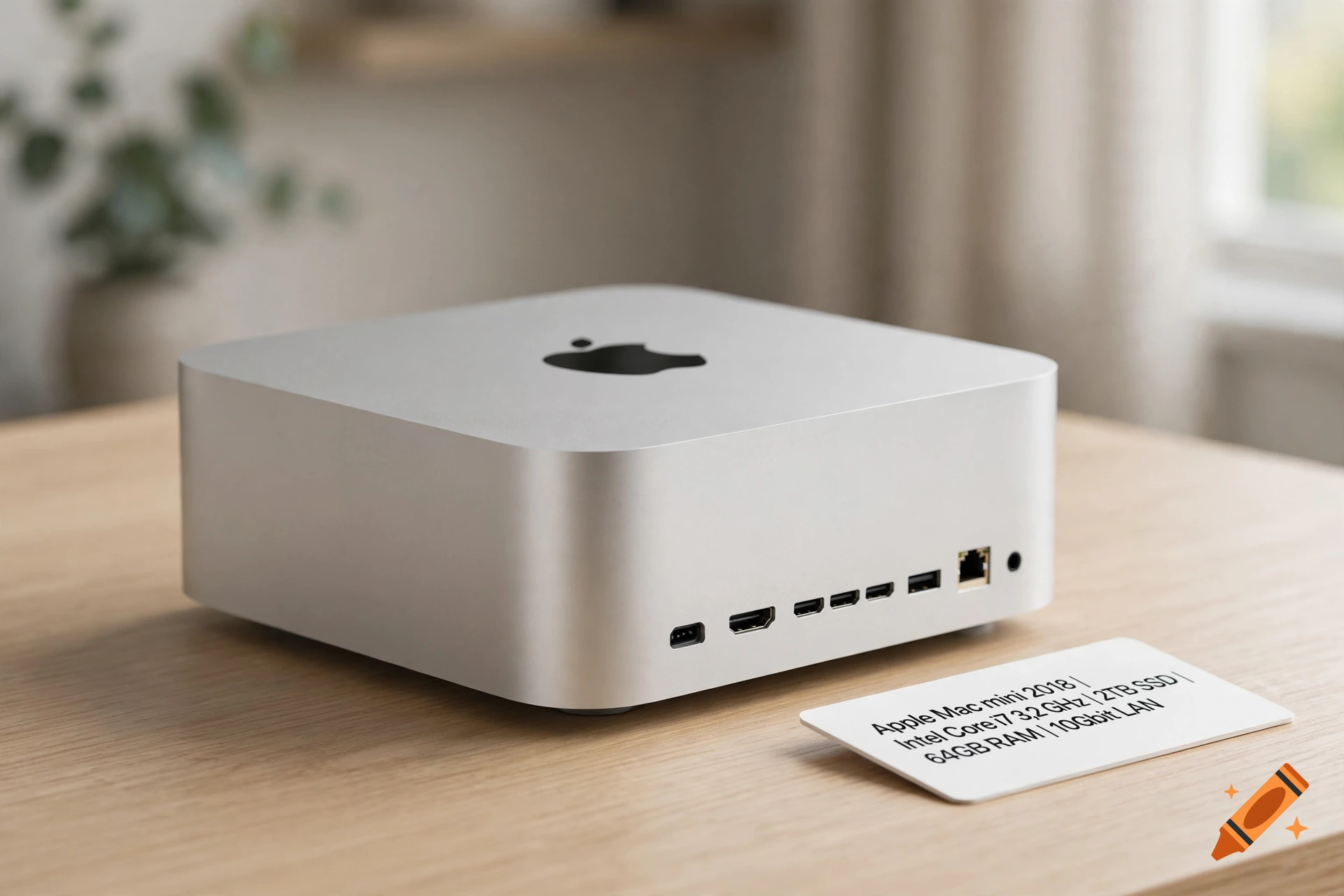 Photorealistic image of a silver Apple Mac mini on a wooden desk next to a specifications card.