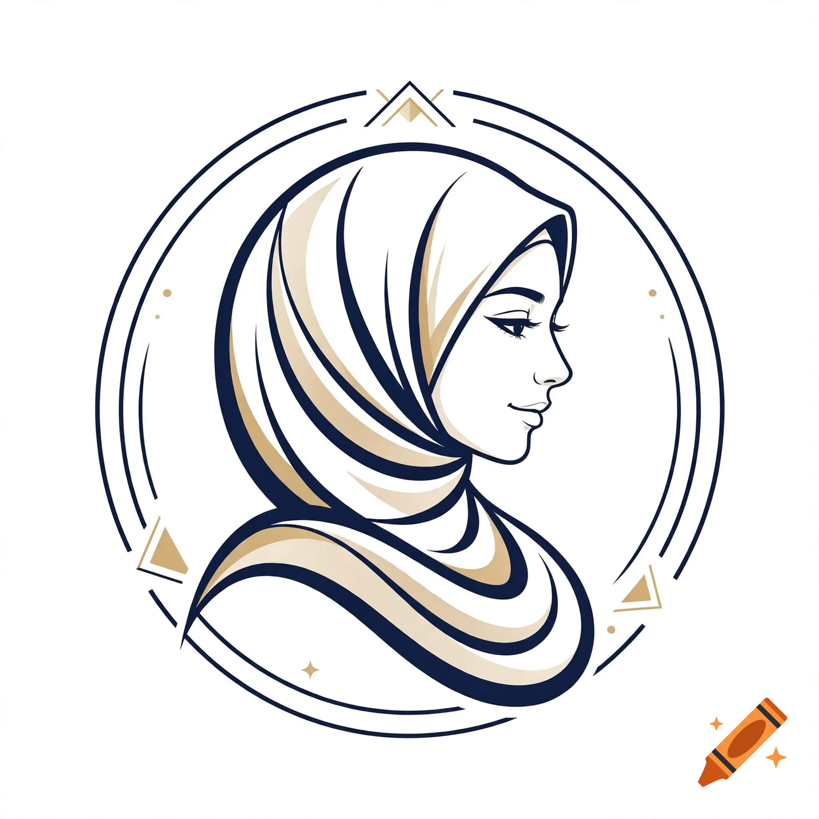 Vector line art illustration of a woman wearing a hijab in profile view inside a decorative circular frame.