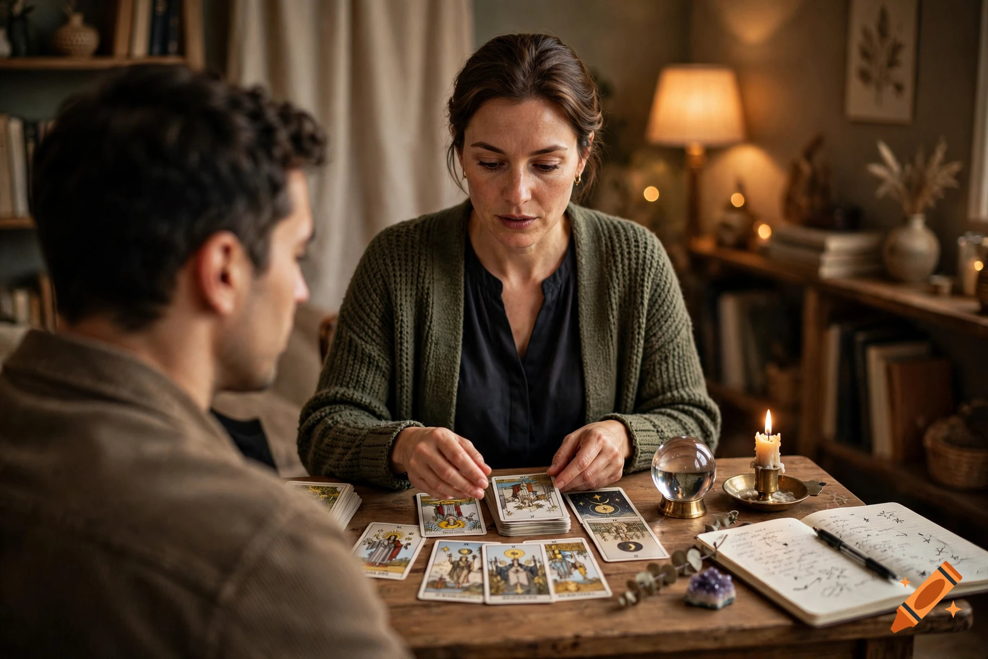 A tarot reader sitting at a wooden table with a client, laying out tarot cards in a cozy, warm-lit room.