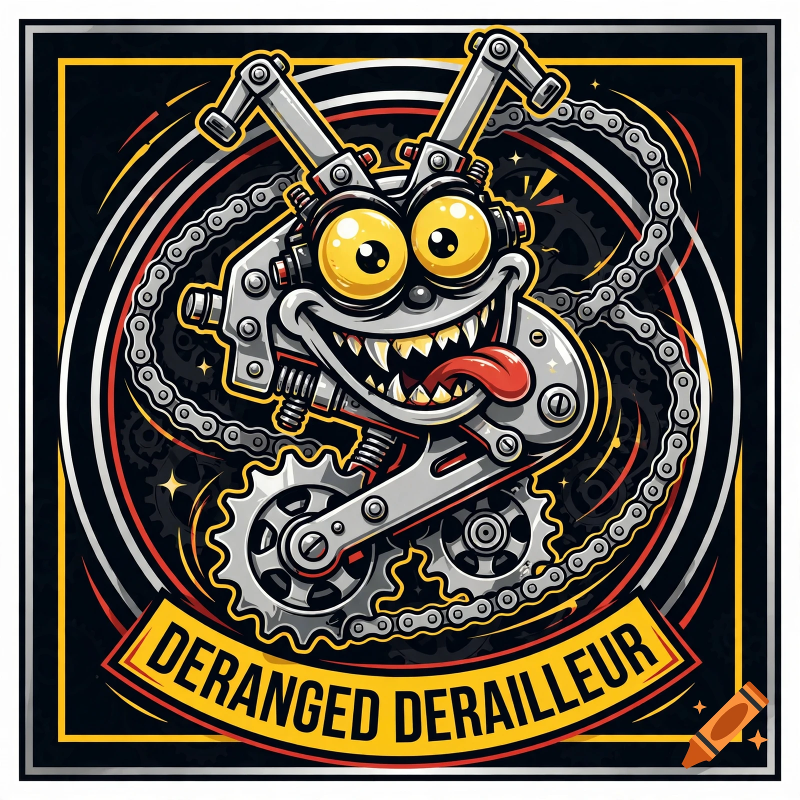 Cartoon logo of an unhinged bicycle derailleur character with big yellow eyes and a sharp-toothed grin, with text saying 'DERANGED DERAILLEUR'.