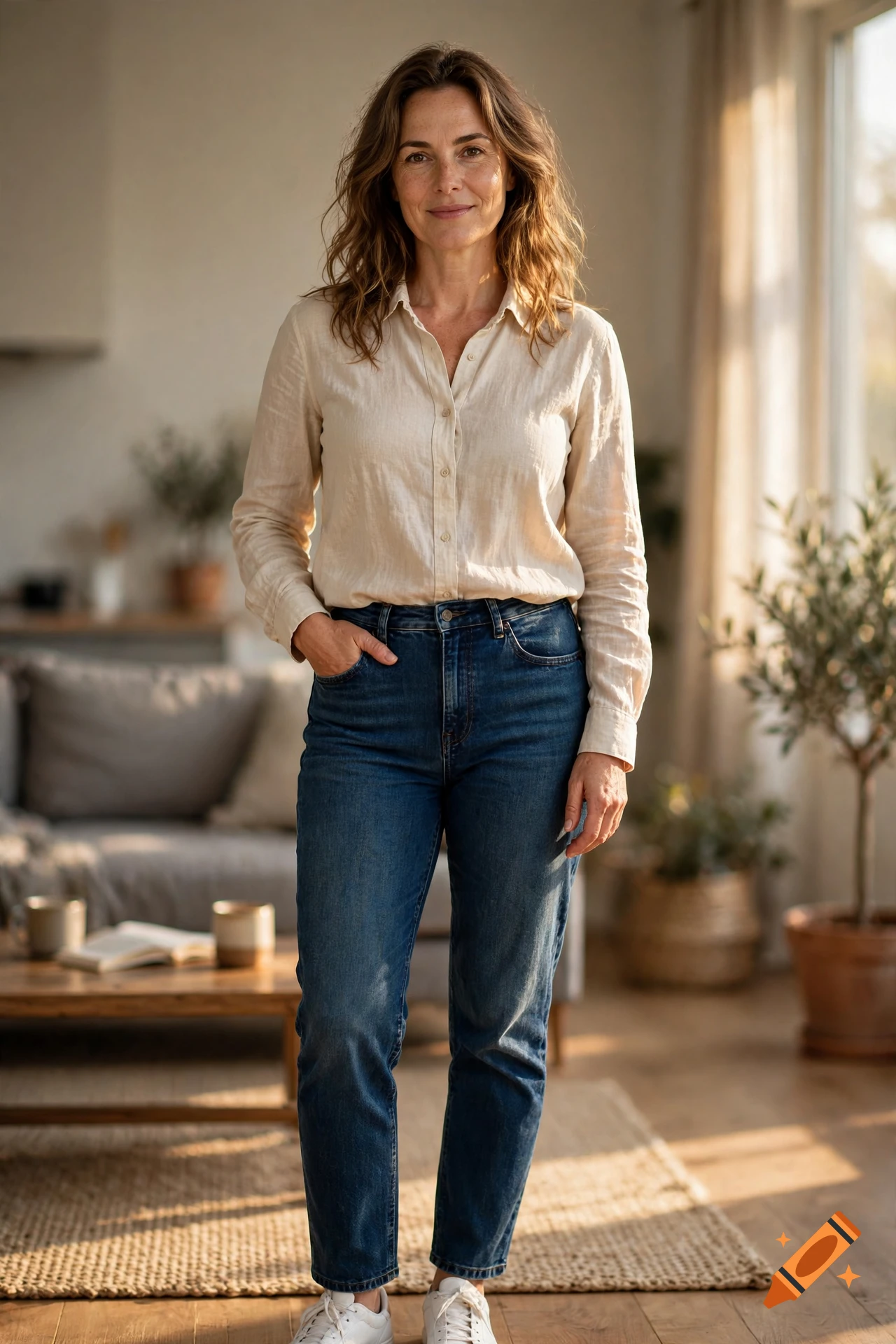 Photorealistic full-body portrait of a 36-year-old woman standing in a bright living room, wearing a beige button-down shirt and blue jeans.