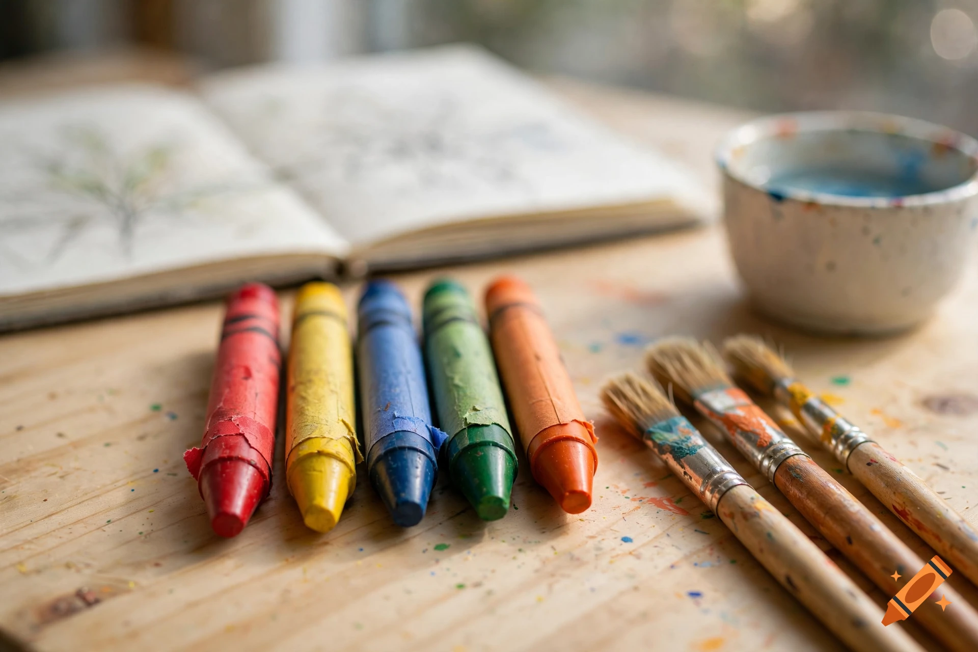 Close-up of colorful crayons and paintbrushes lying on a wooden table near an open sketchbook and a water cup, photorealistic.