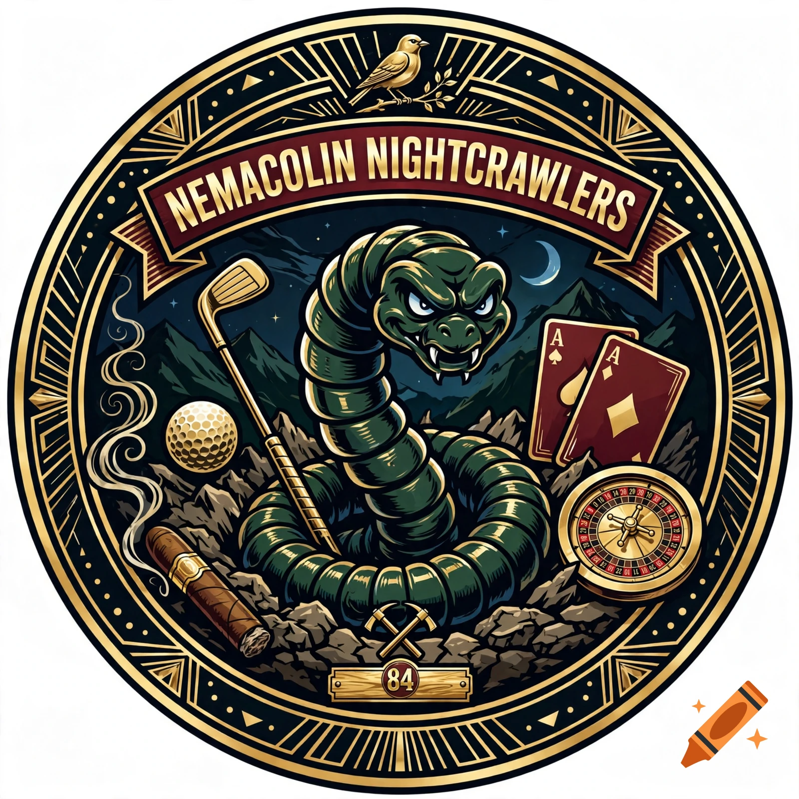 Circular fantasy football team logo featuring a green snake, golf club, aces, roulette wheel, and cigar, with text Nemacolin Nightcrawlers.
