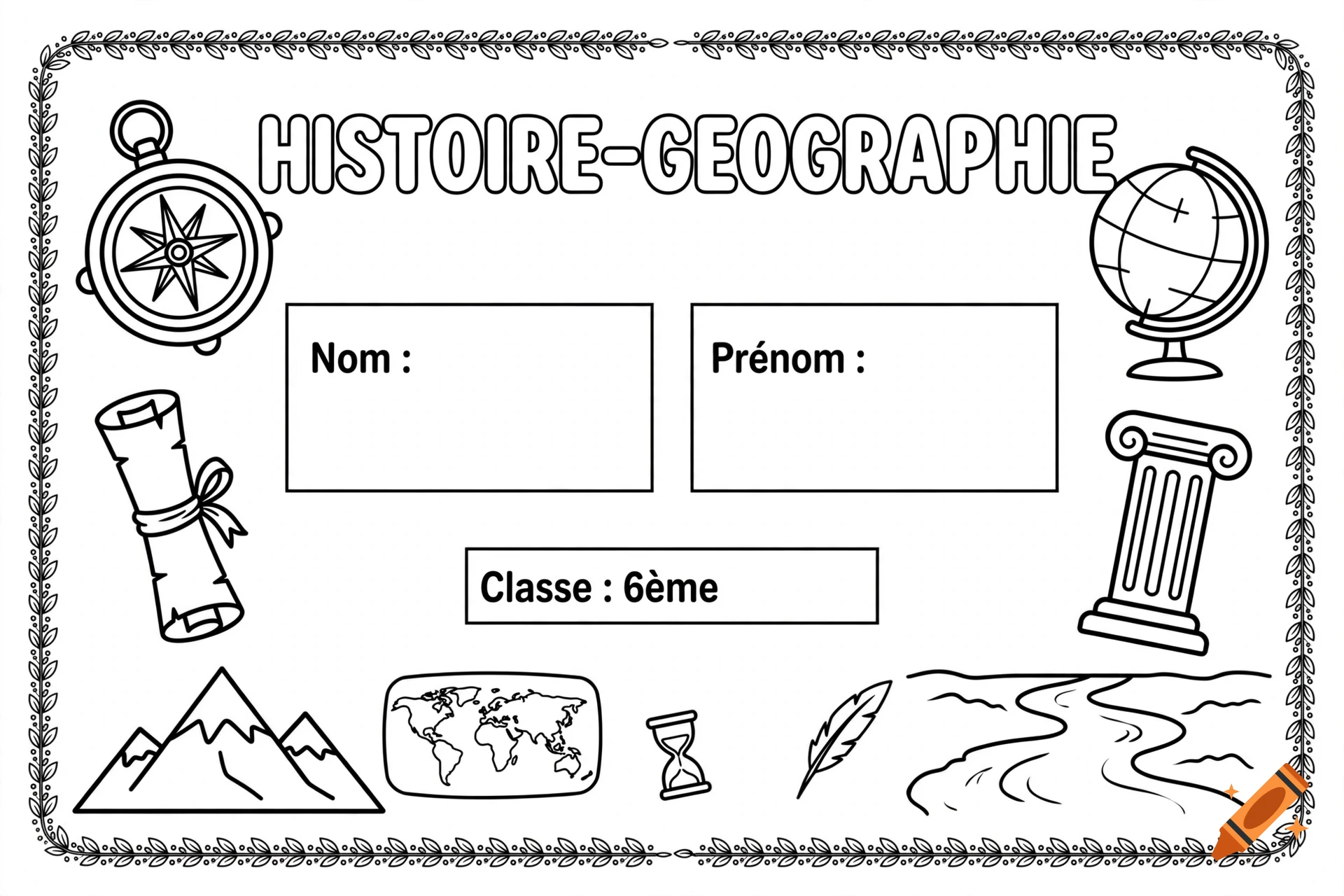 Black and white history and geography coloring book cover page for sixth grade with a compass, globe, and monuments.