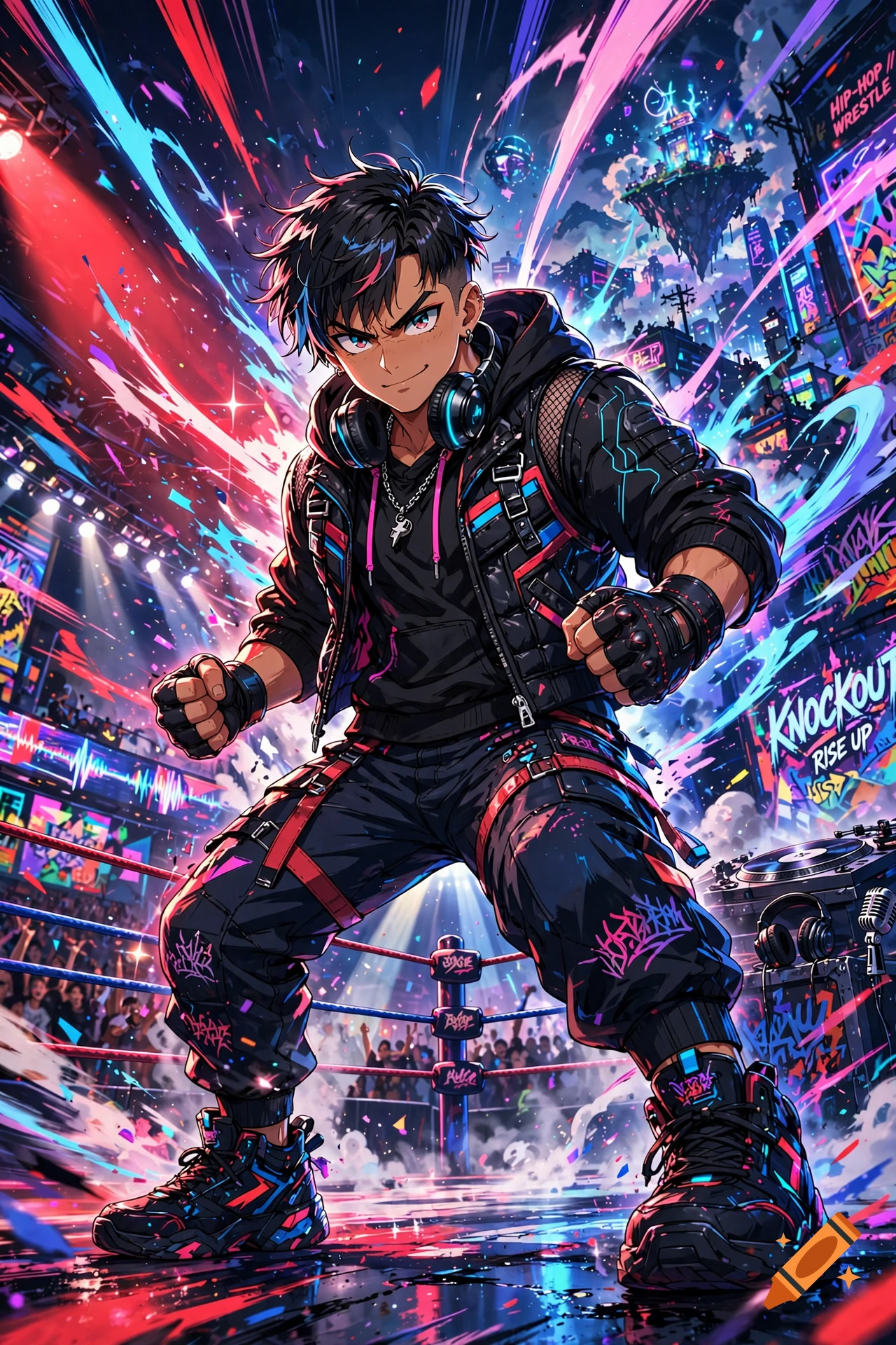 Digital anime-style artwork of a confident male fighter in a wrestling ring, surrounded by neon lights and urban elements.