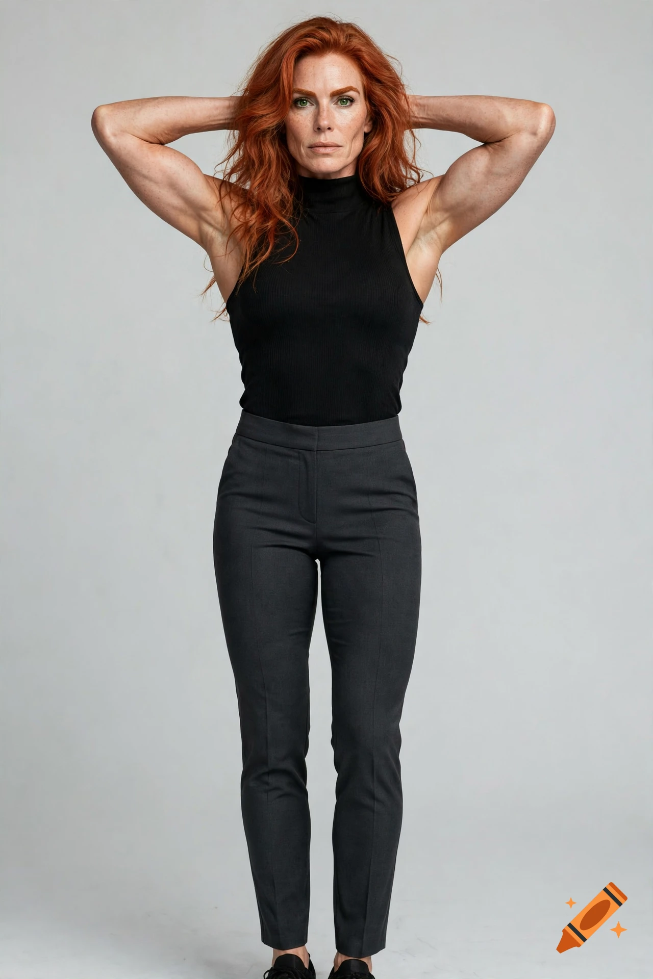 Photorealistic full-body portrait of a muscular red-haired woman with hands behind her head, wearing a black top and dark trousers against a studio background.