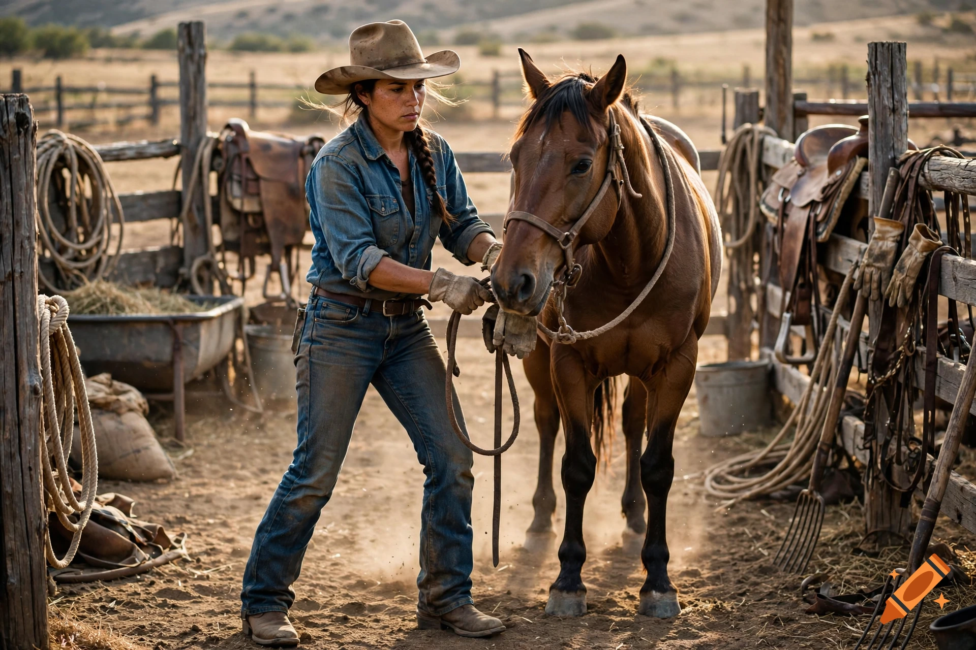 Photorealistic image of a female wrangler in a cowboy hat and denim holding a horse's reins in a dusty corral.
