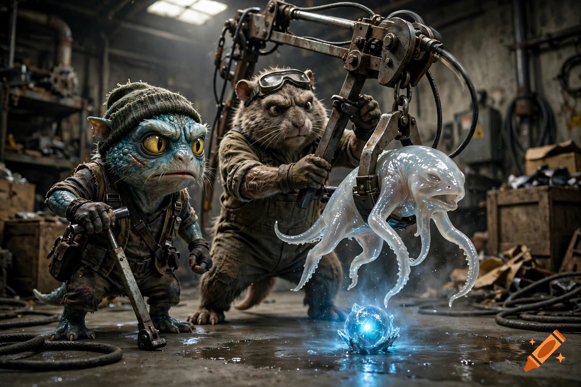 Photorealistic scene of alien creatures in a workshop, one resembling a blue goblin and another a rat operating a robotic claw.