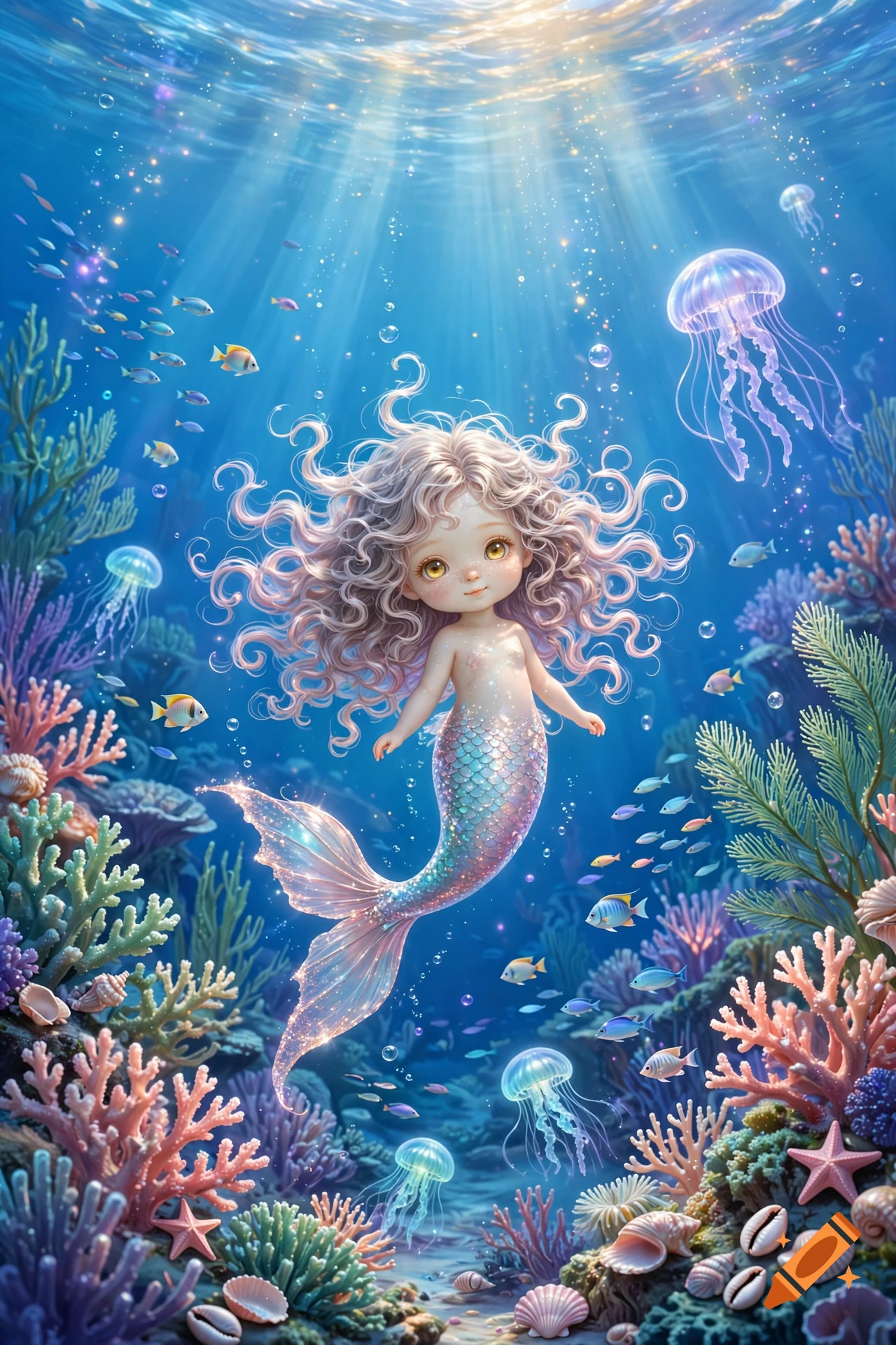 An illustration of a young mermaid with curly hair swimming underwater surrounded by colorful corals, fish, and jellyfish.