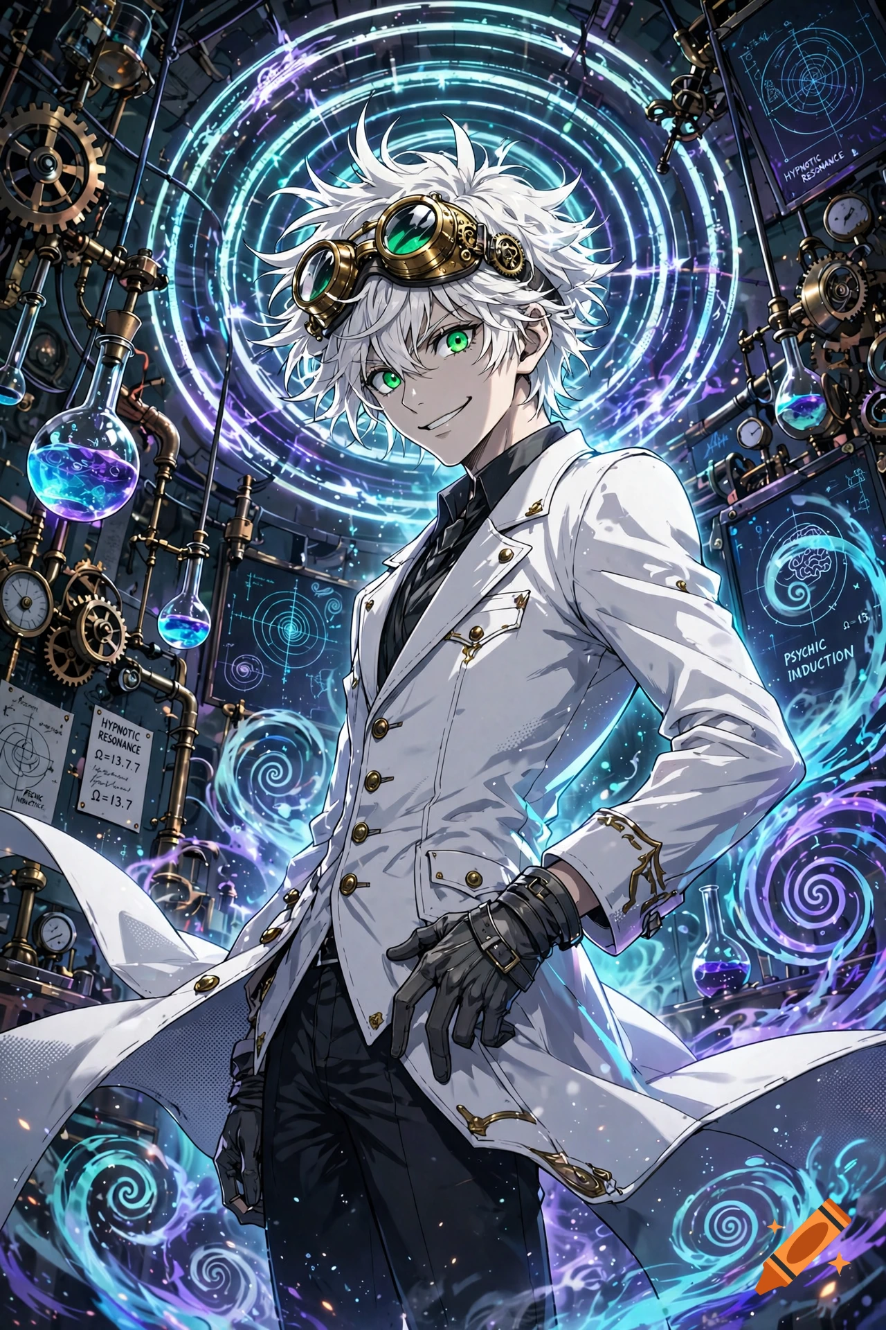 Anime illustration of a smiling male inventor with white hair, goggles, and a lab coat in a glowing laboratory.