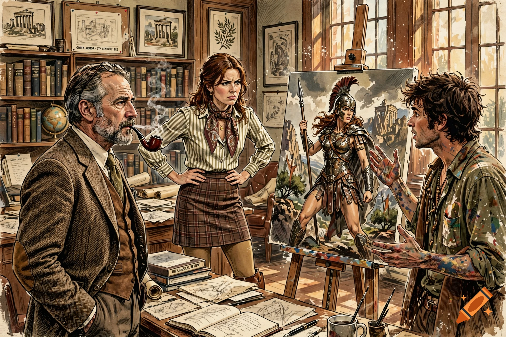 Mort Kunstler style illustration of an academic office with a professor, a vexed woman, and an artist showing a painting of an Amazon warrior.