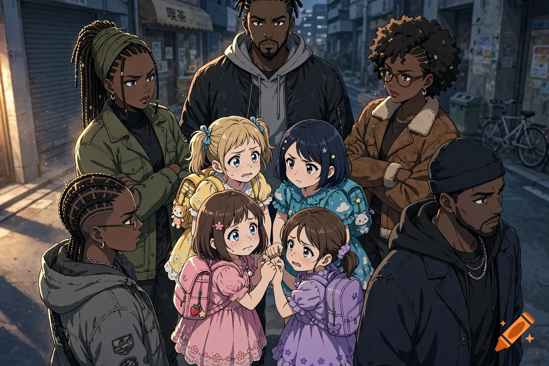 Anime style illustration of four young girls surrounded by four adults in a city street.