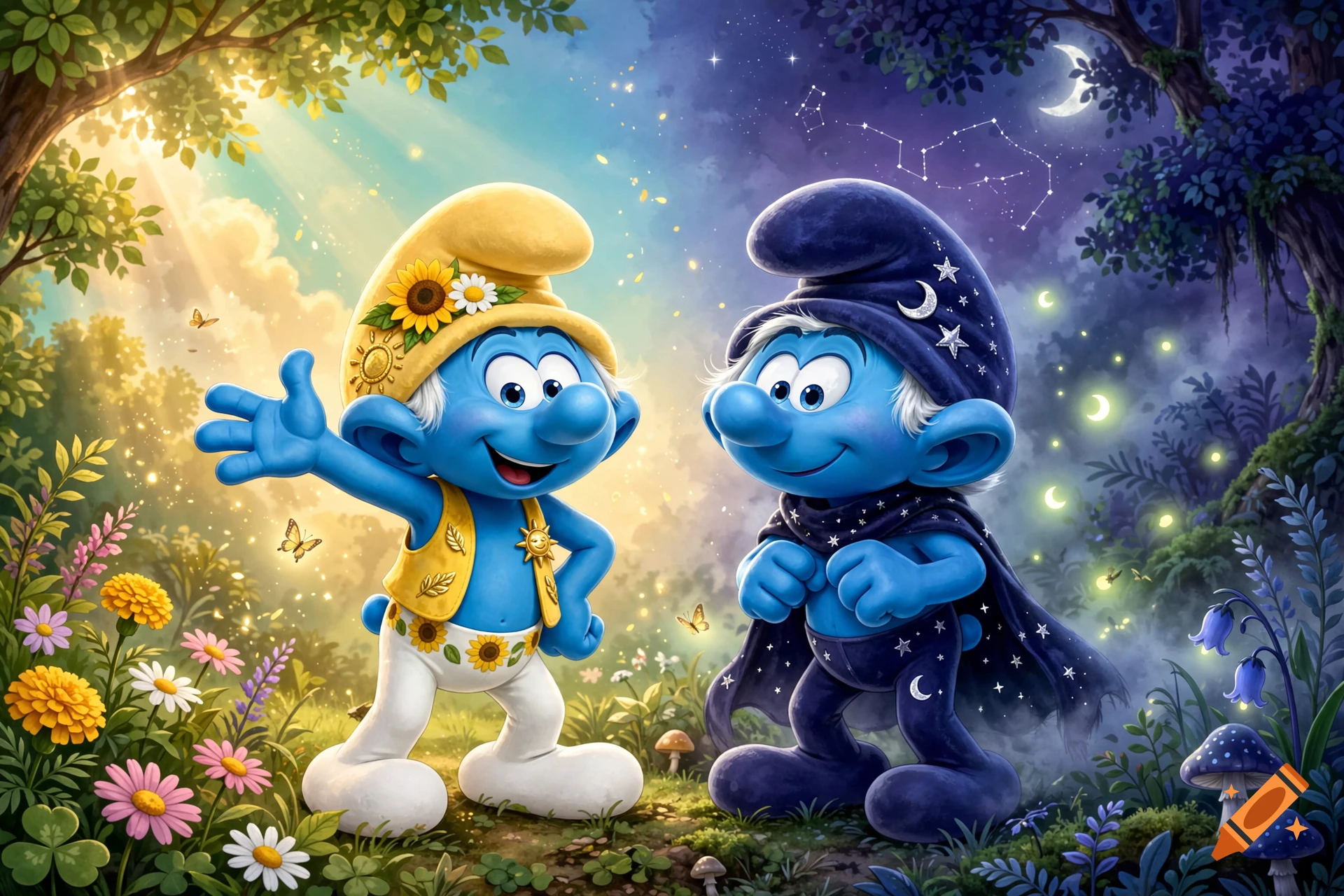 Digital illustration of two Smurfs representing day and night in a magical forest.