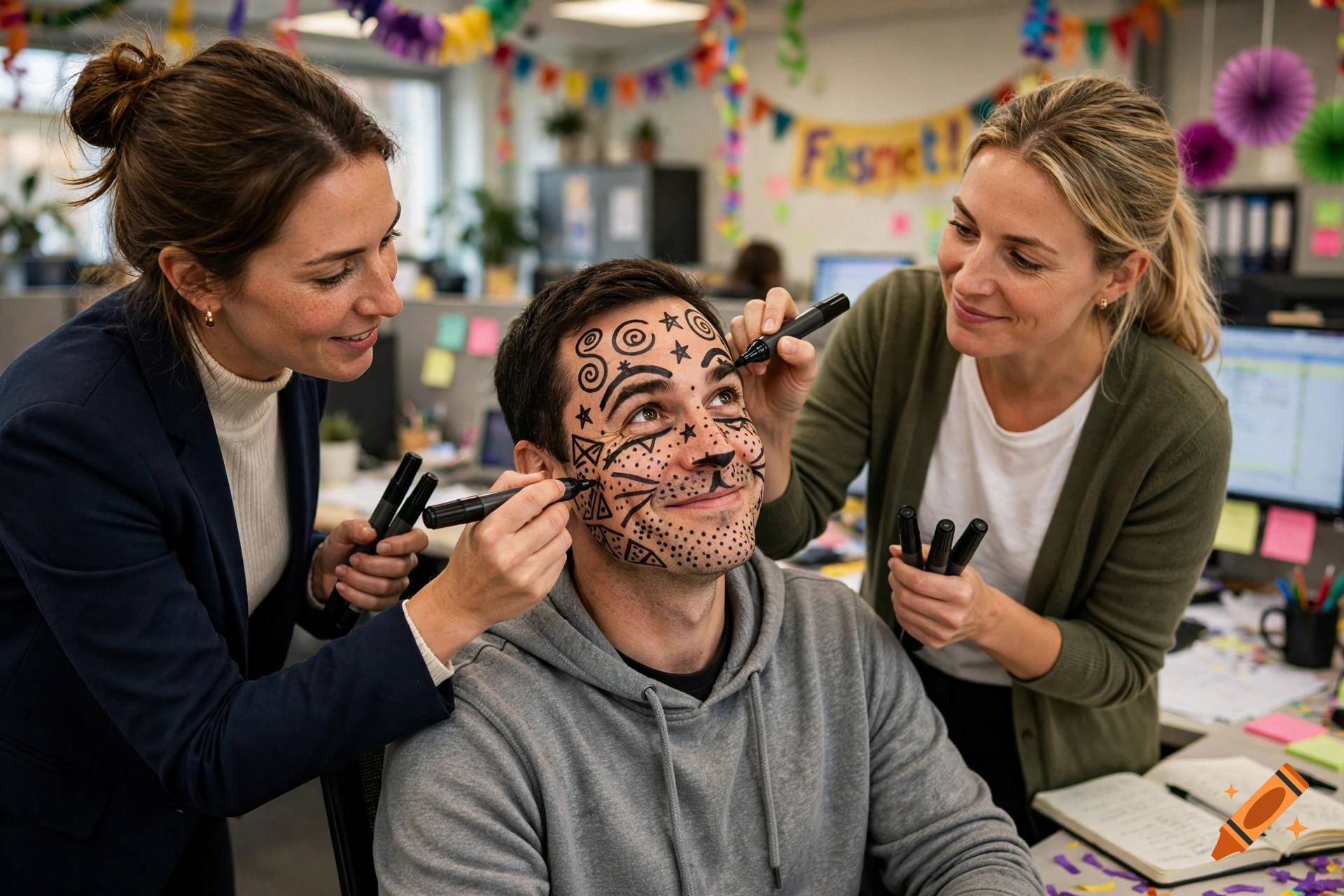 Two women smiling while drawing playful patterns with black markers on a smiling man's face in an office.