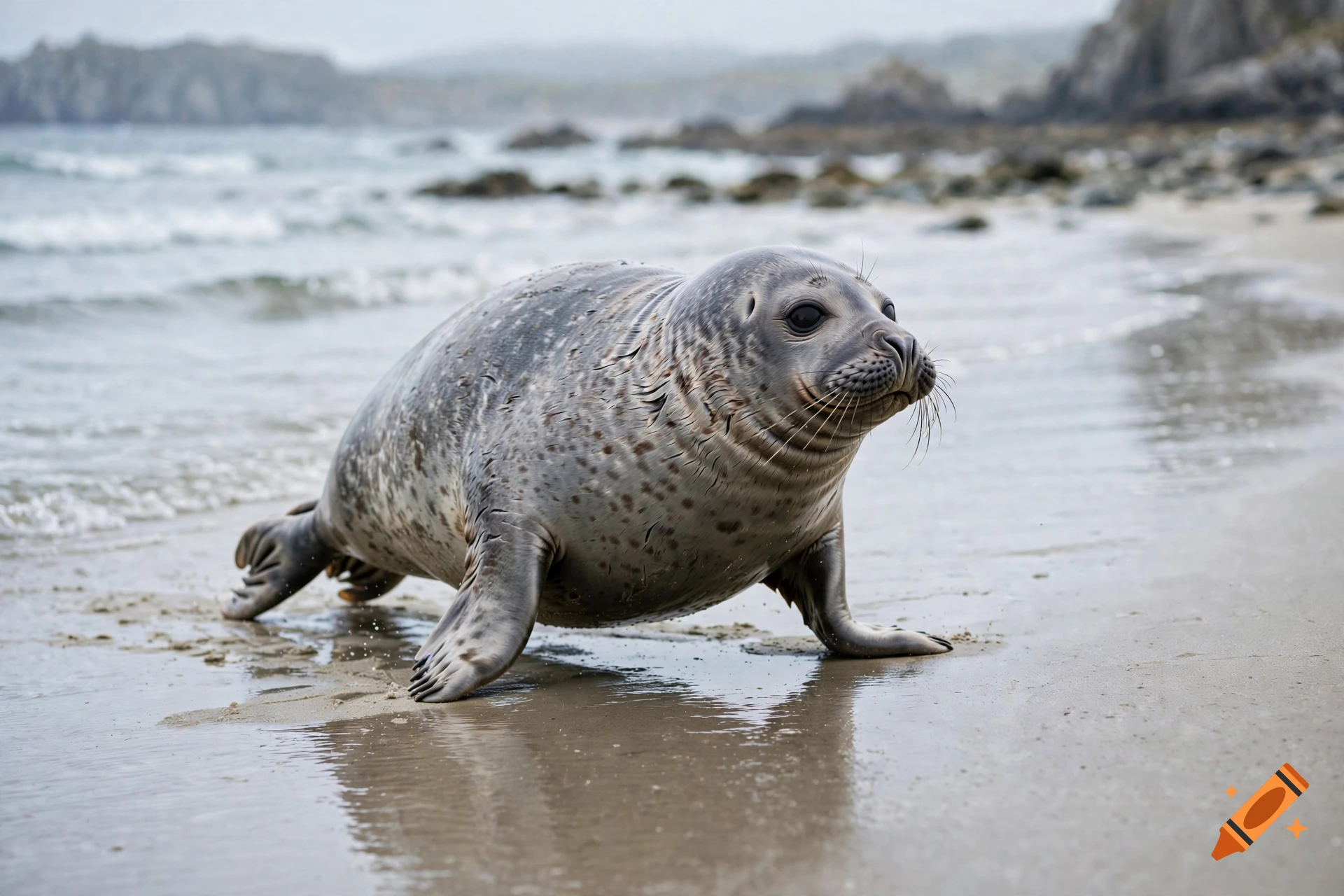 A grey seal with spots crawling on a sandy beach near the sea, photorealistic.