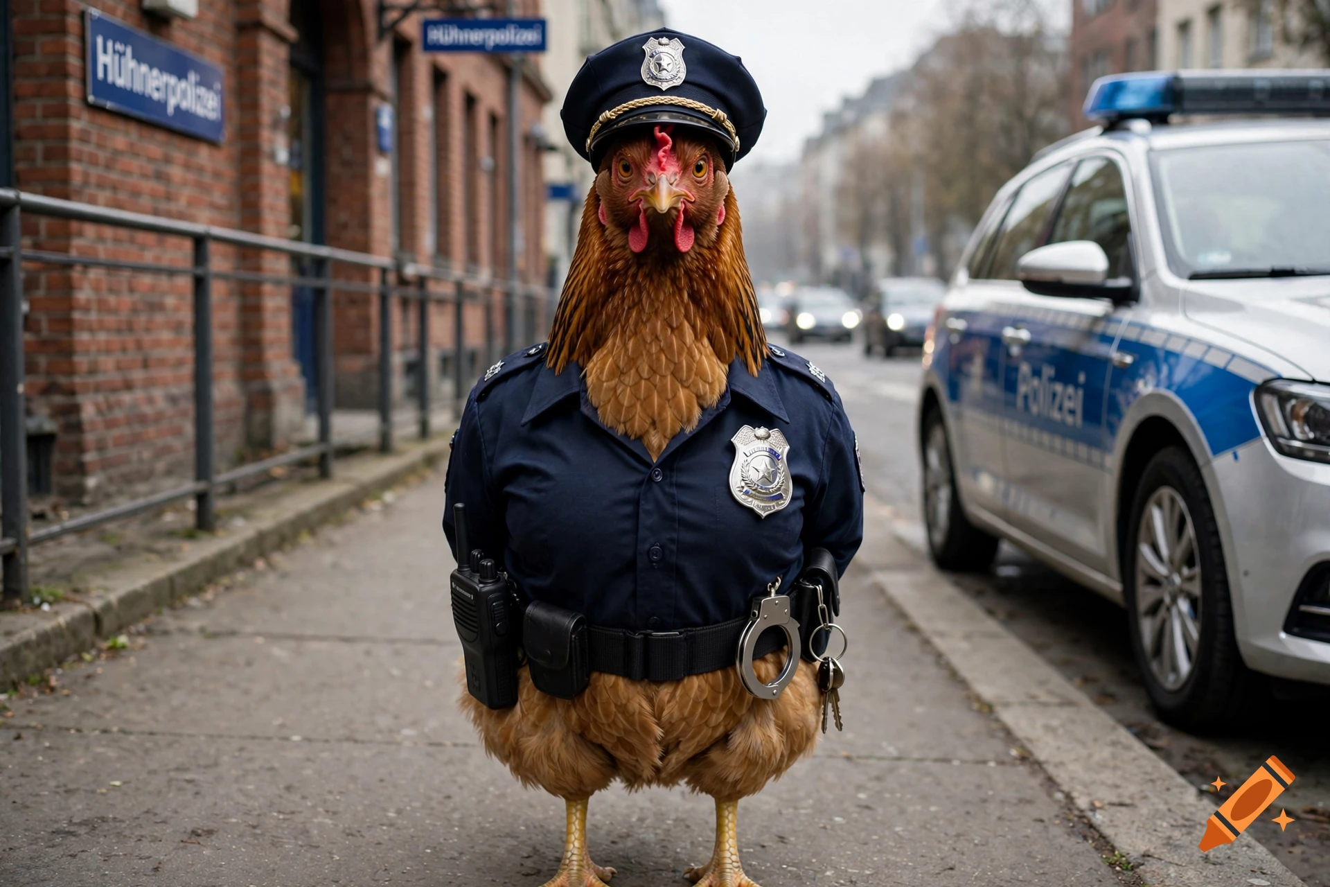 A humorous photograph of a chicken dressed in a police officer uniform, complete with hat, badge, and belt on a city sidewalk next to a police car.