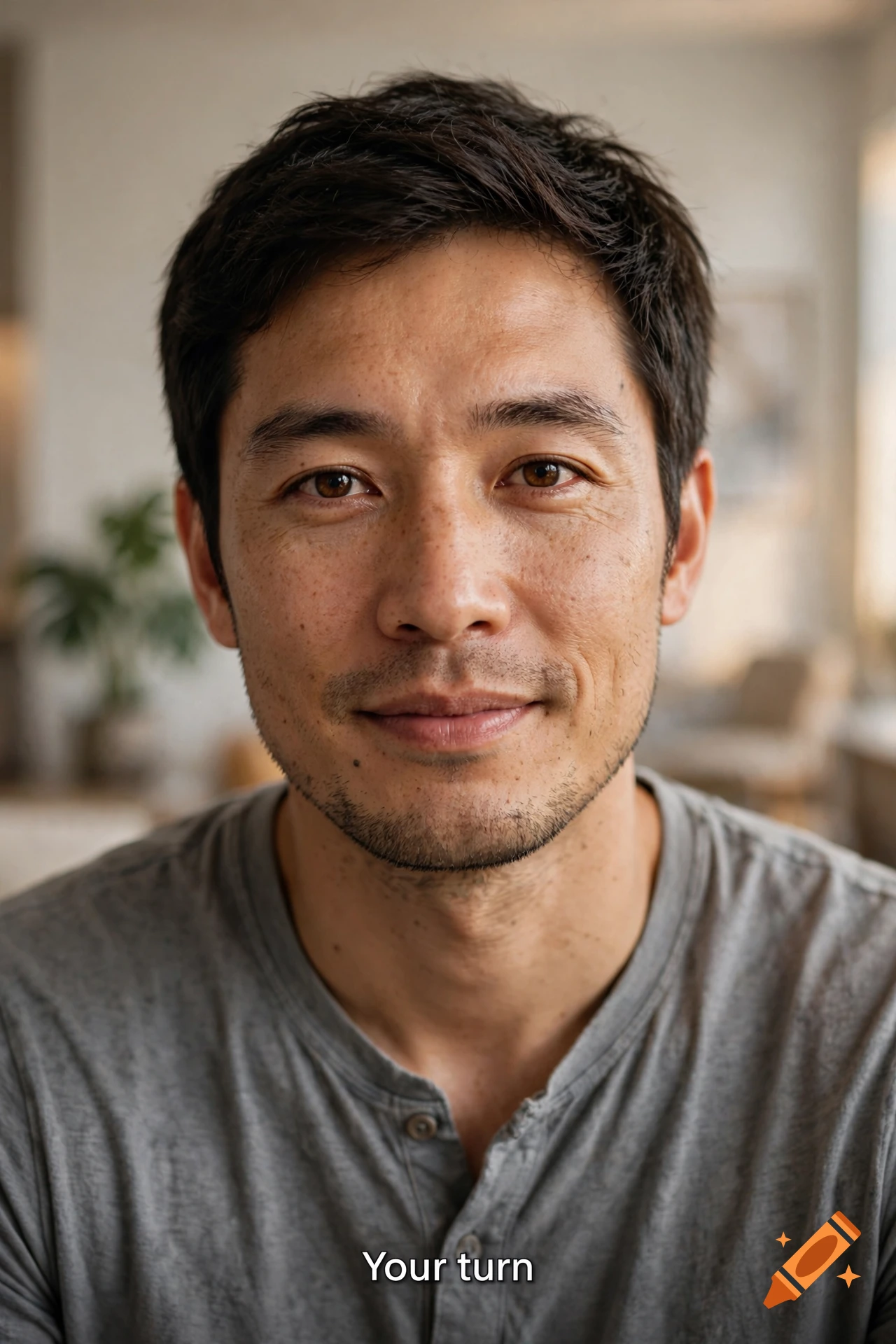 Close-up photorealistic portrait of a smiling man with short dark hair and freckles, wearing a grey t-shirt.