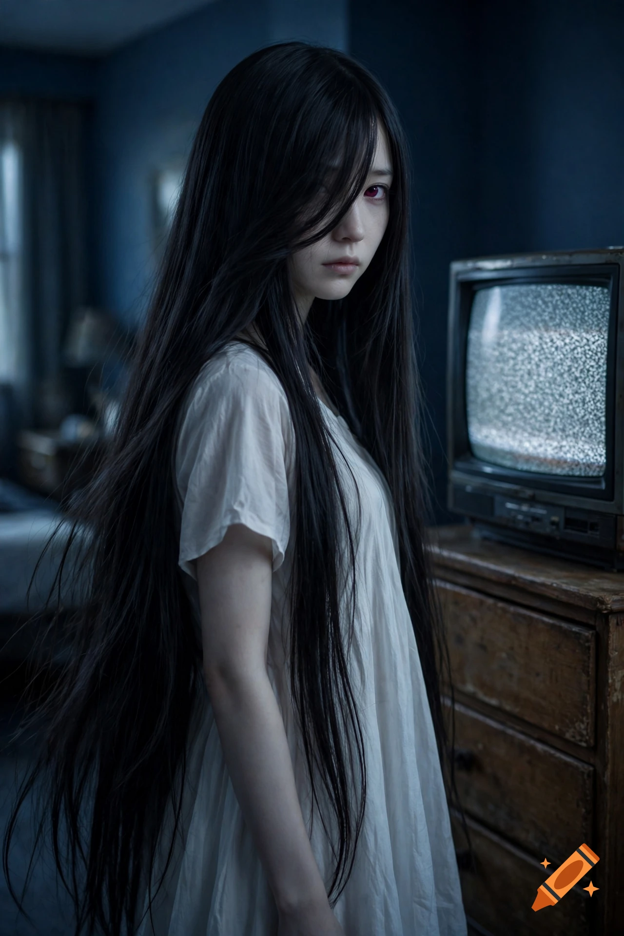 A young woman with long dark hair and a white dress stands near an old television set displaying static in a dim room.