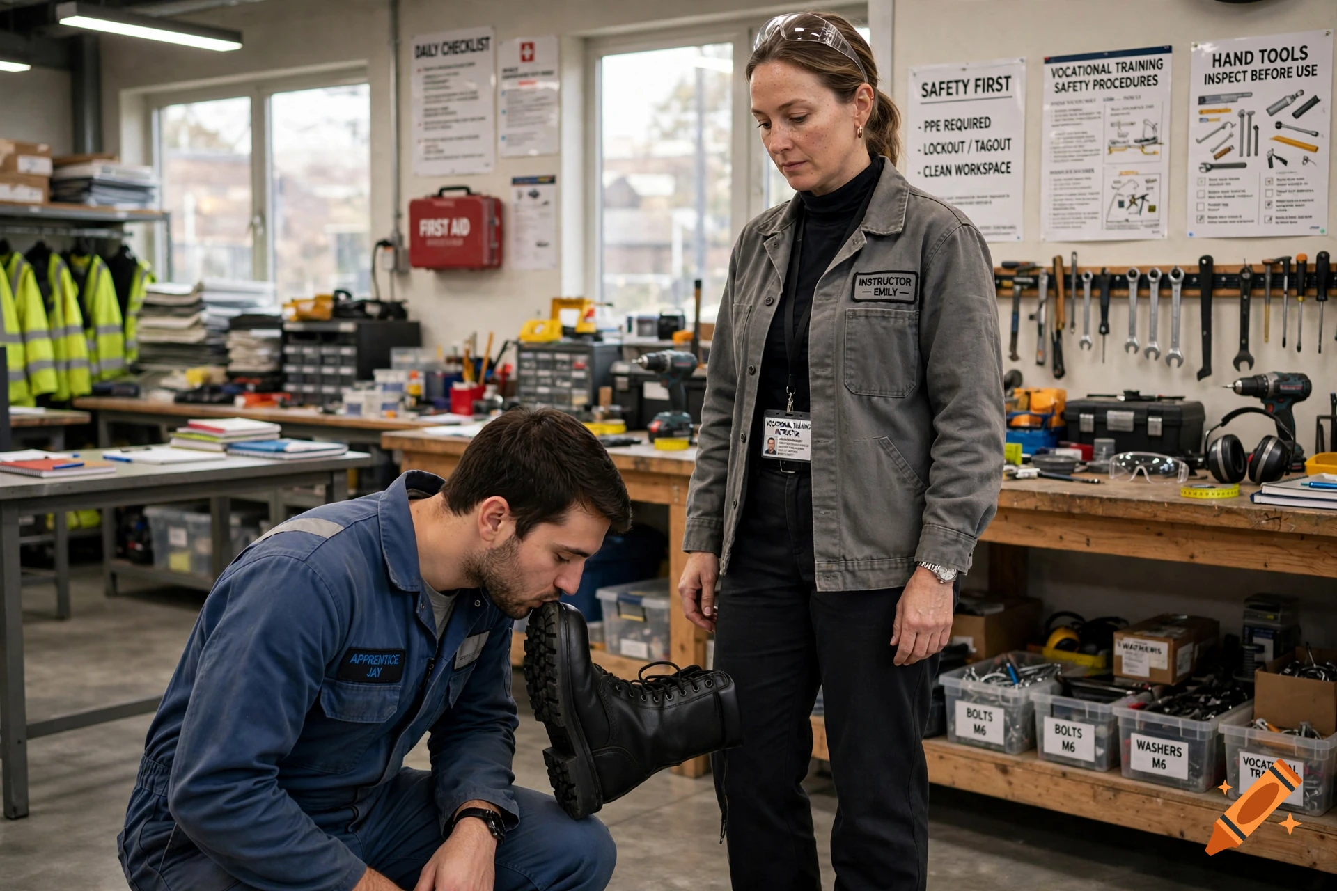 Photorealistic image of a female instructor in a workshop watching a male apprentice kissing a boot.