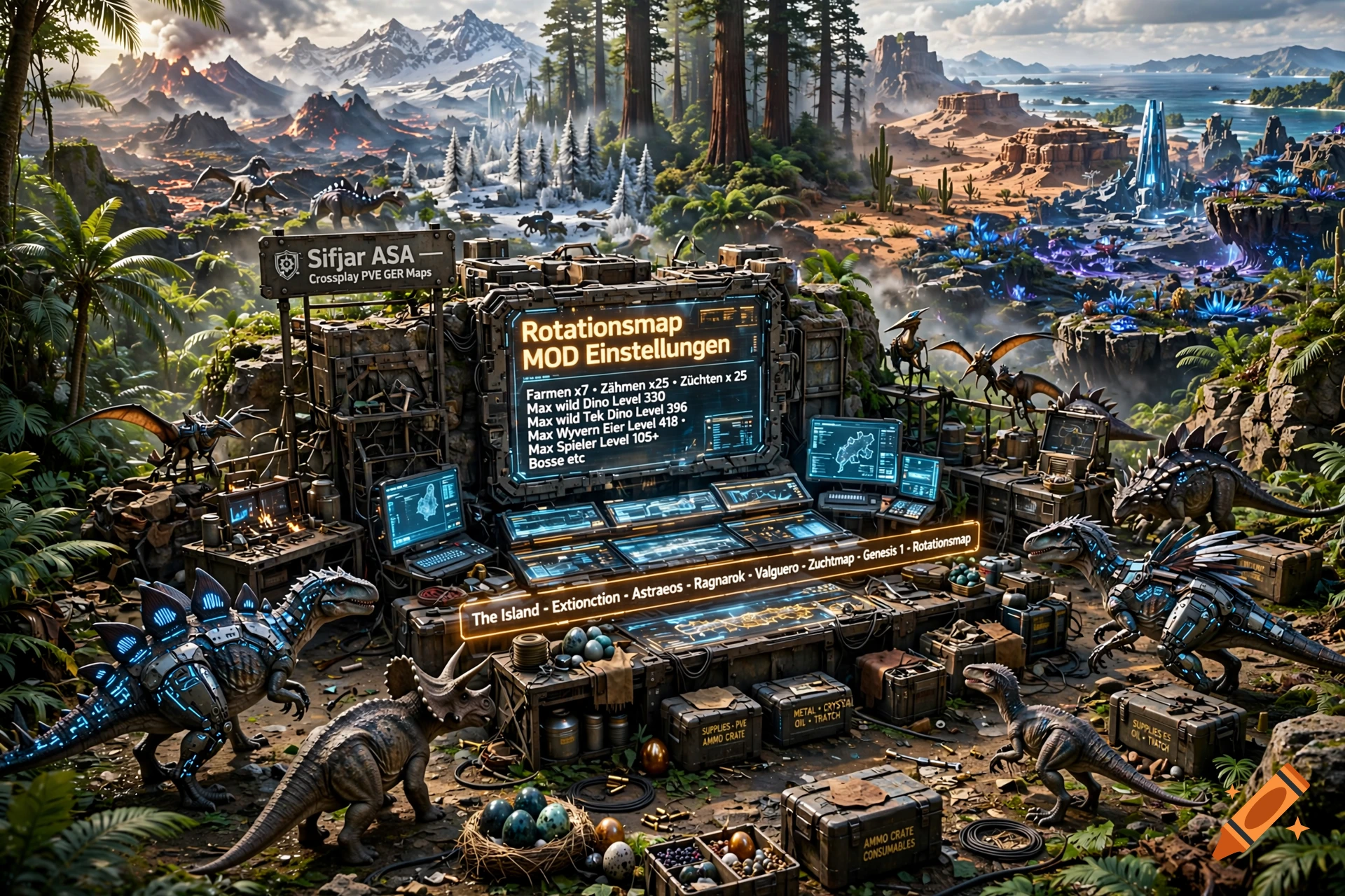 Futuristic control station in a prehistoric dinosaur landscape with mountains and volcanos.