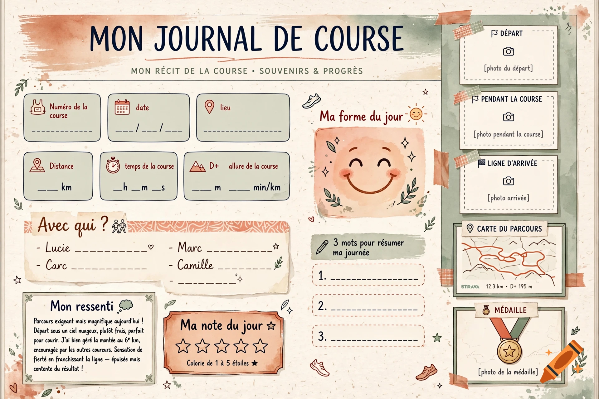 Illustrated watercolor running journal template in French with sections for race details, daily form, notes, and photos.