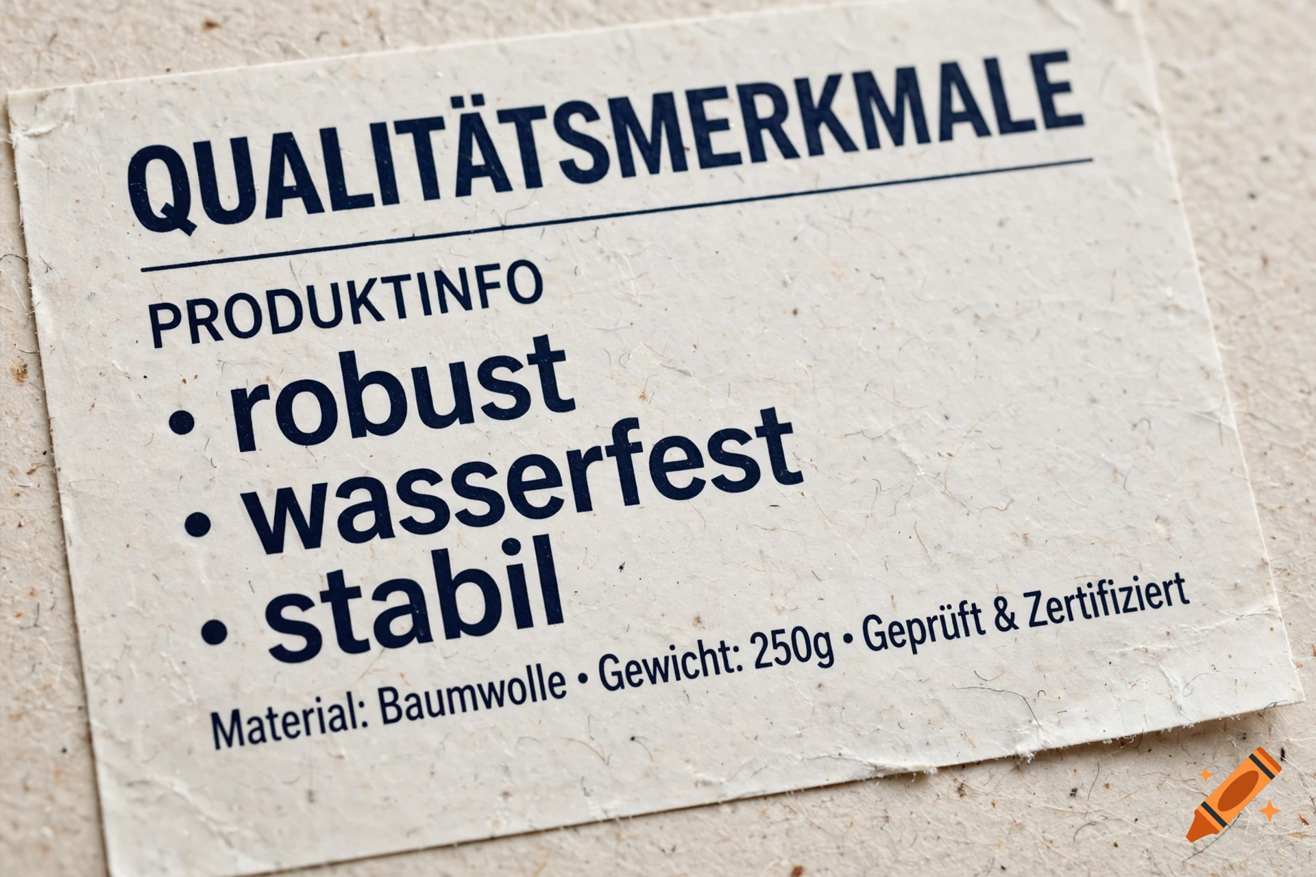 Close-up of a product information label on textured paper with German text reading QUALITÄTSMERKMALE and stabil.