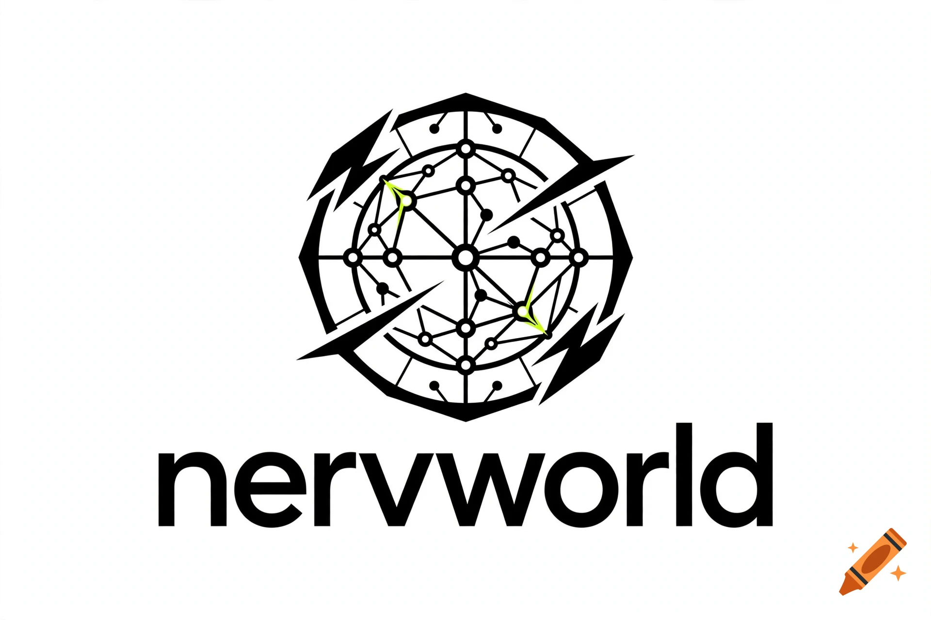 Black and white clothing brand logo featuring a circular geometric network design with the text 'nervworld' below it.