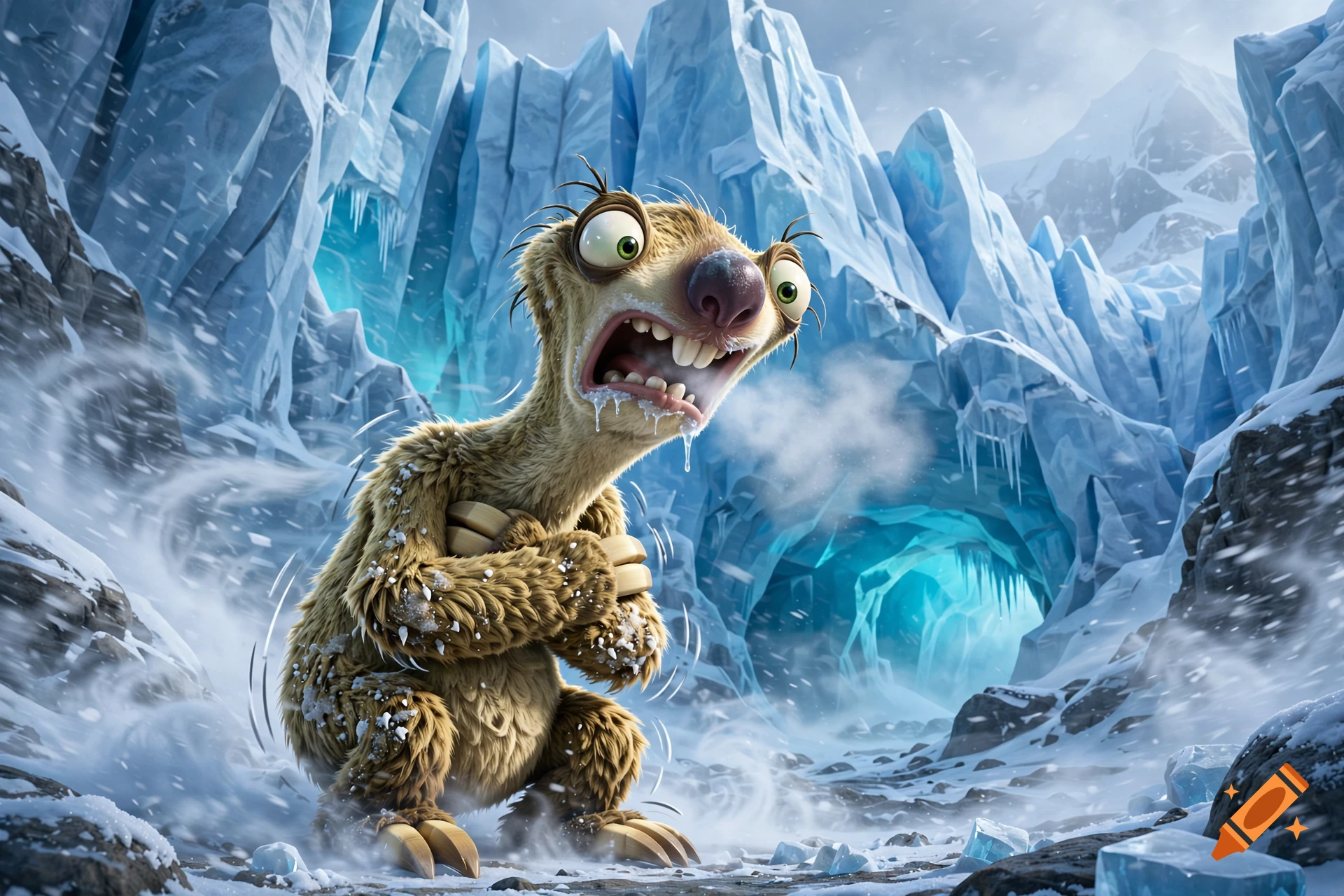 Digital illustration of Sid the sloth from Ice Age shivering in a snowy glacial environment.