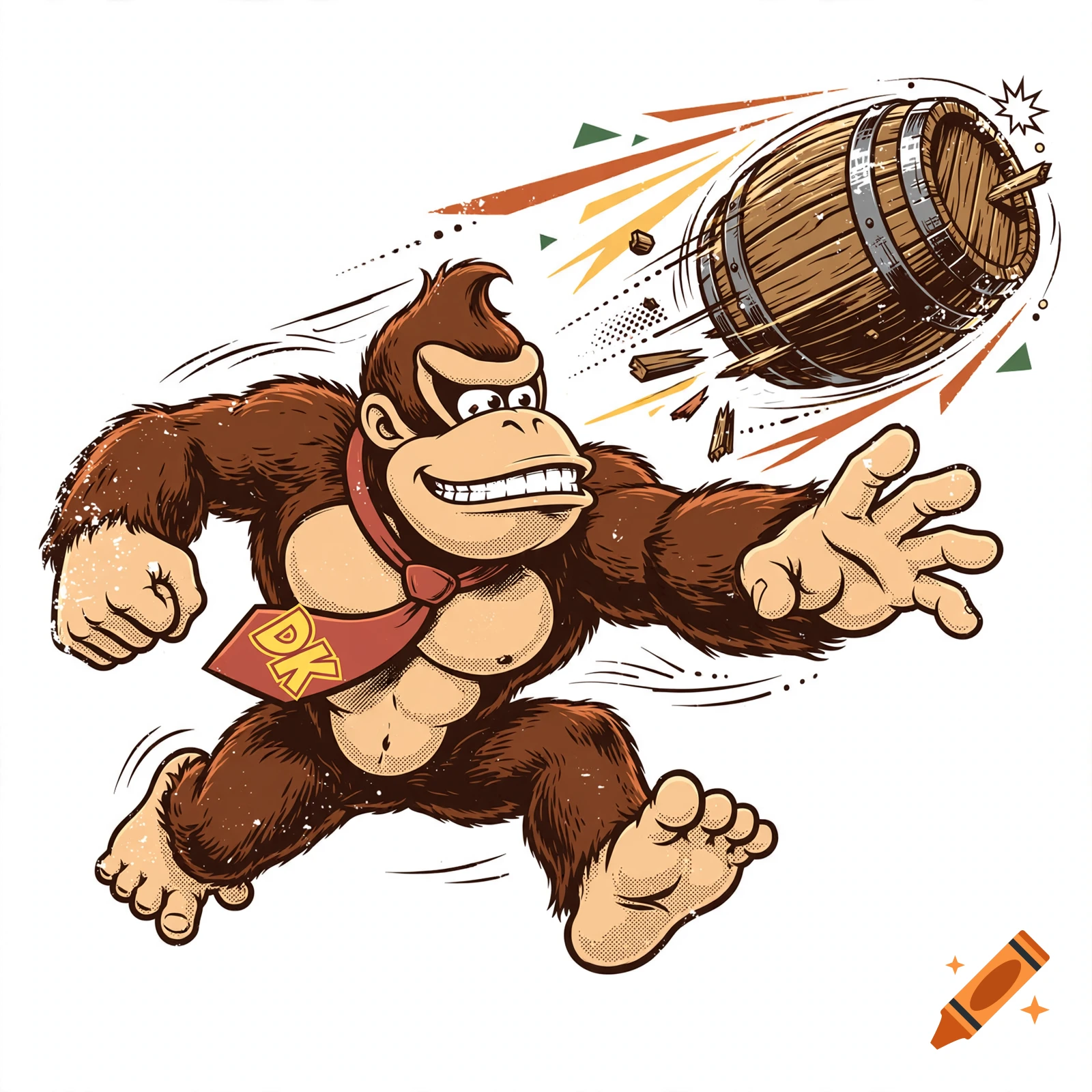 Retro arcade t-shirt design of Donkey Kong in a dynamic pose throwing a wooden barrel, bold graphic style.