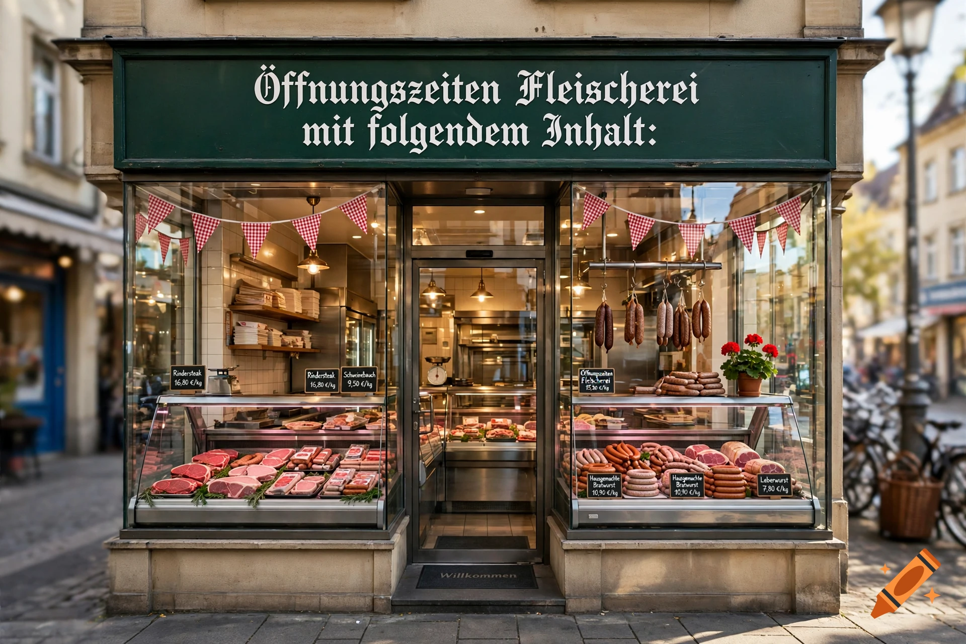 Photorealistic storefront of a German butcher shop with large glass windows displaying meats and sausages under a green sign.