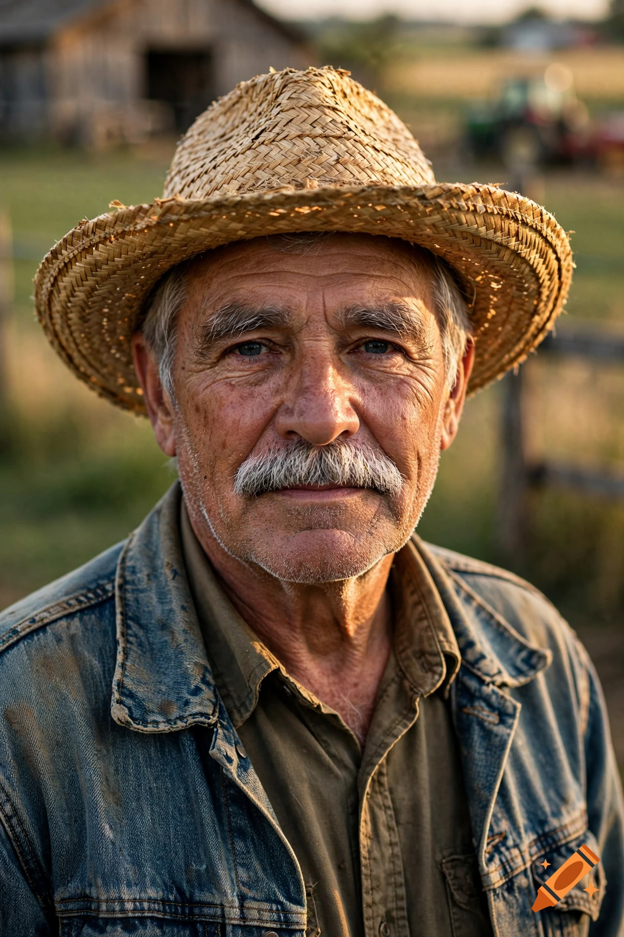 Close-up portrait of an older man with a mustache, wearing a straw hat and a denim jacket outdoors.