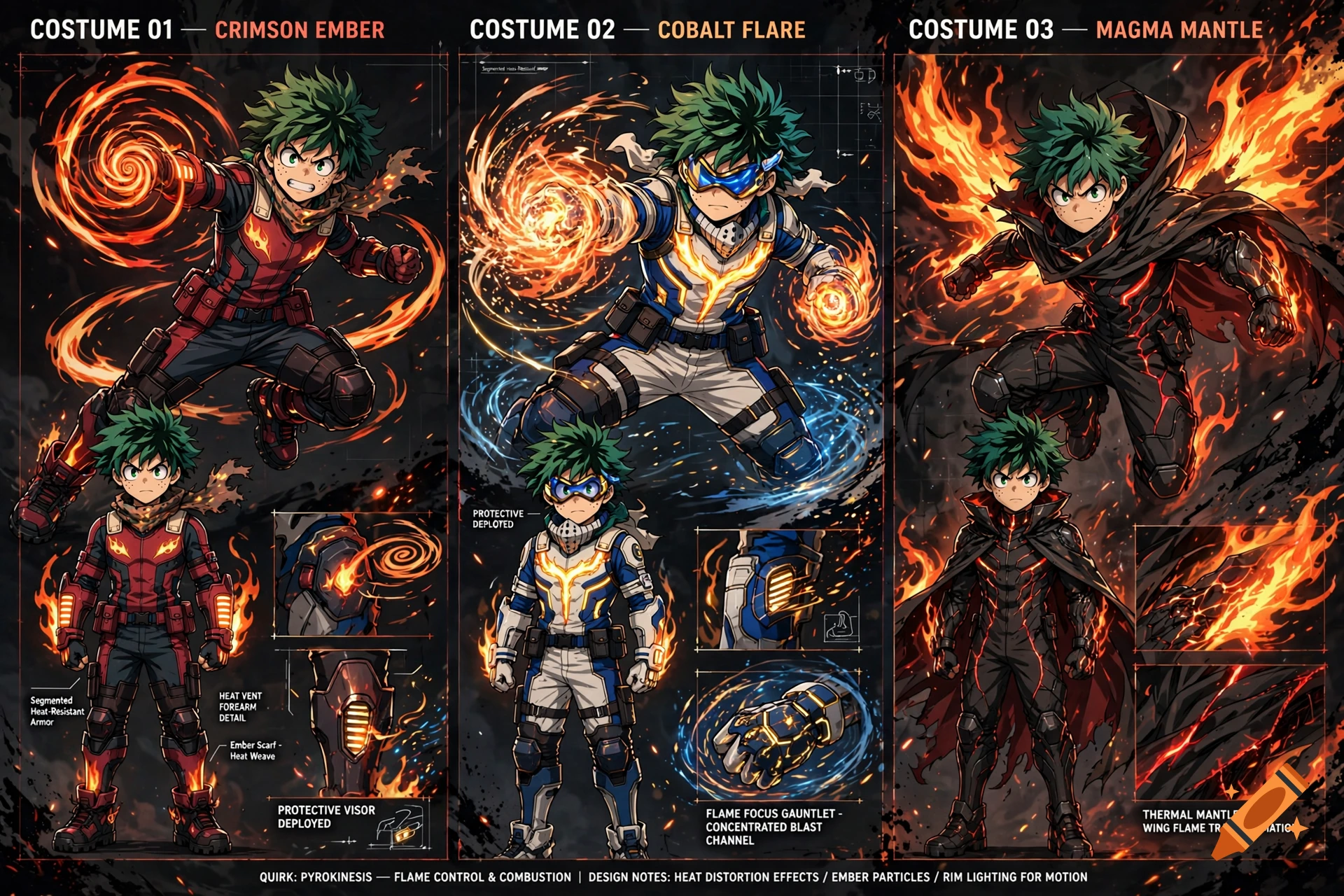 Character design sheet showing three anime-style hero costumes with pyrokinesis themes, including labels and detail views.