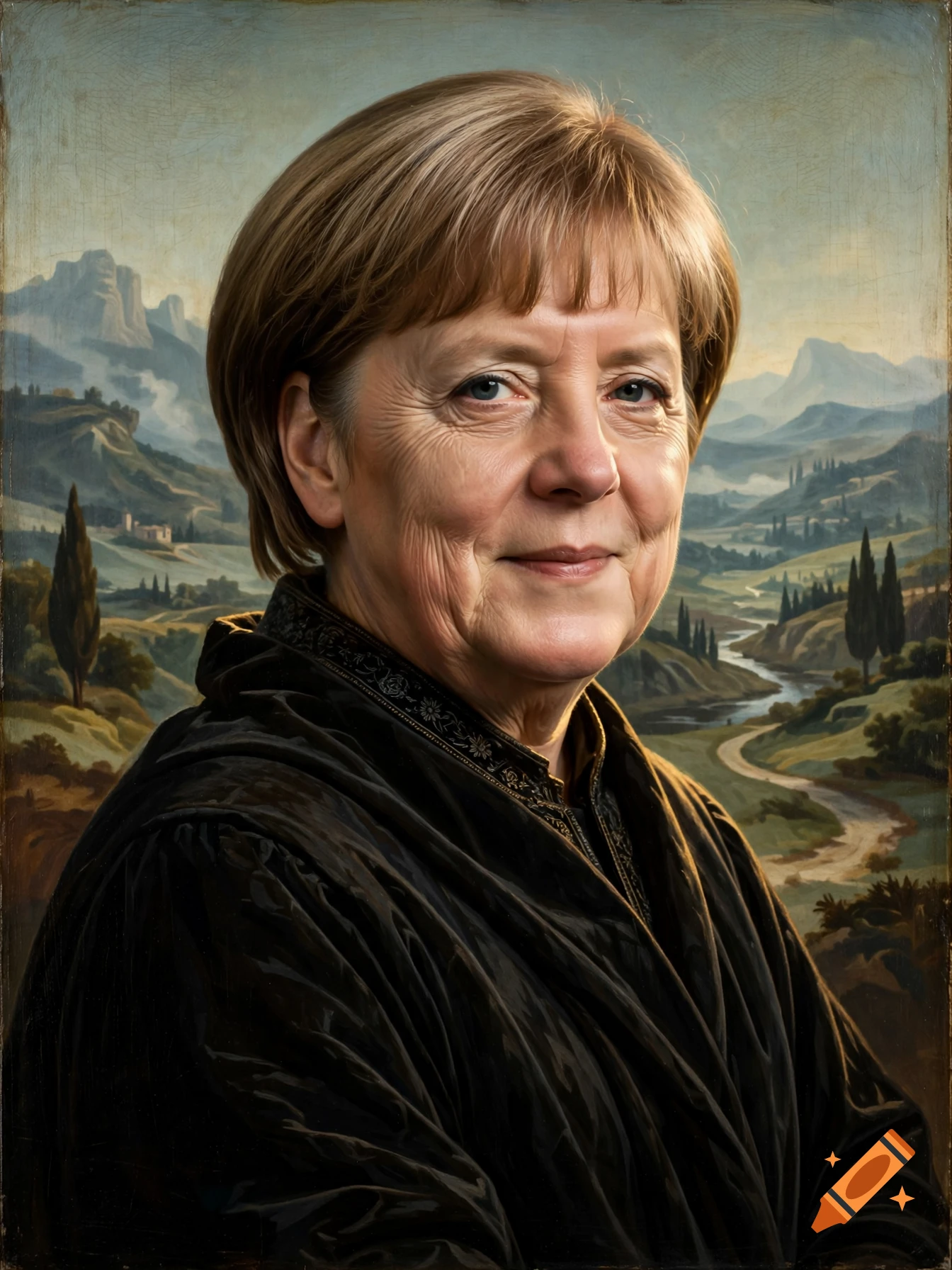Renaissance-style oil painting portrait combining the Mona Lisa composition with Angela Merkel's face against a mountain landscape.