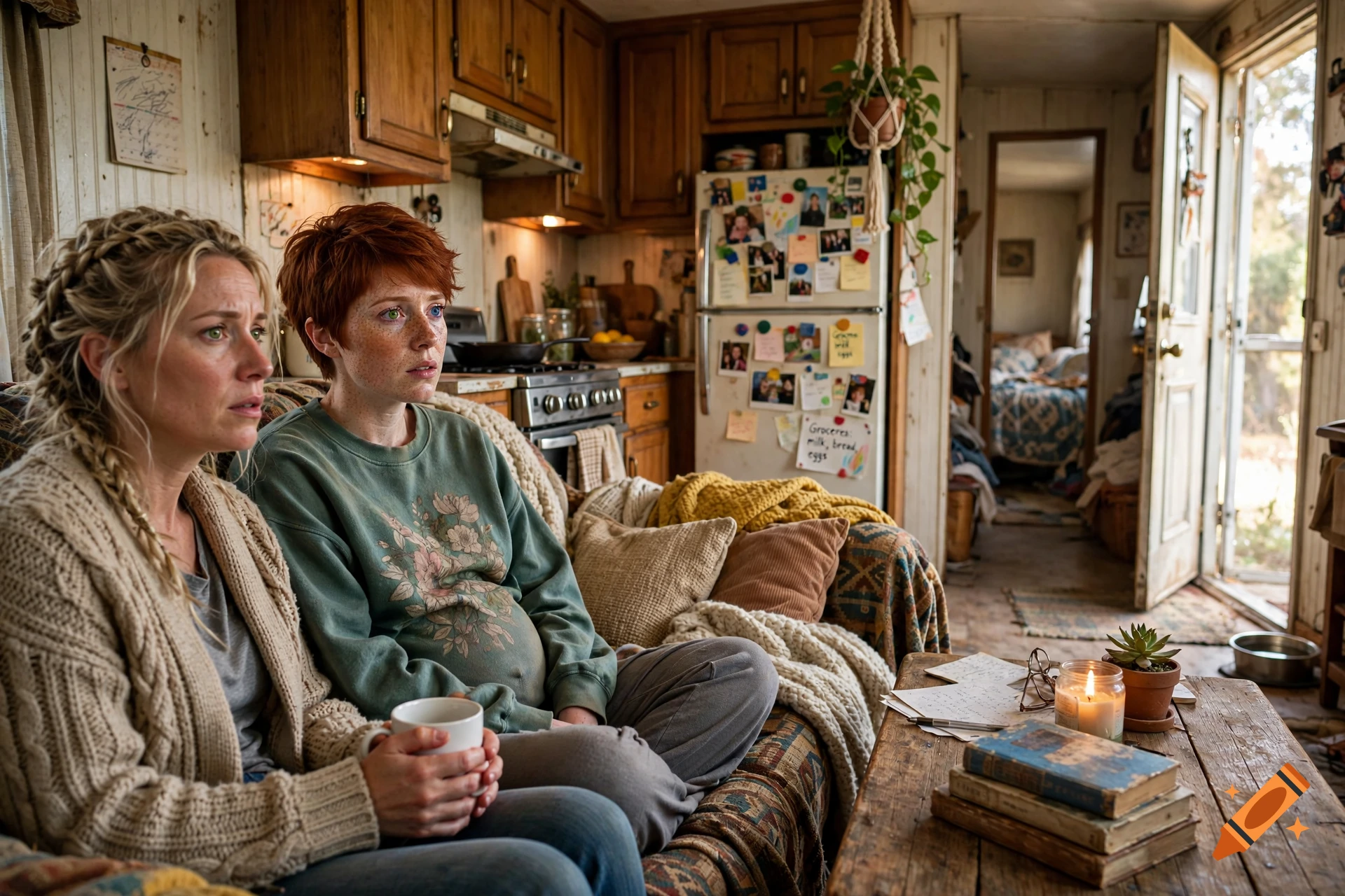Photorealistic cinematic still of two women sitting on a worn couch inside a cozy mobile home, looking attentively toward an open door.