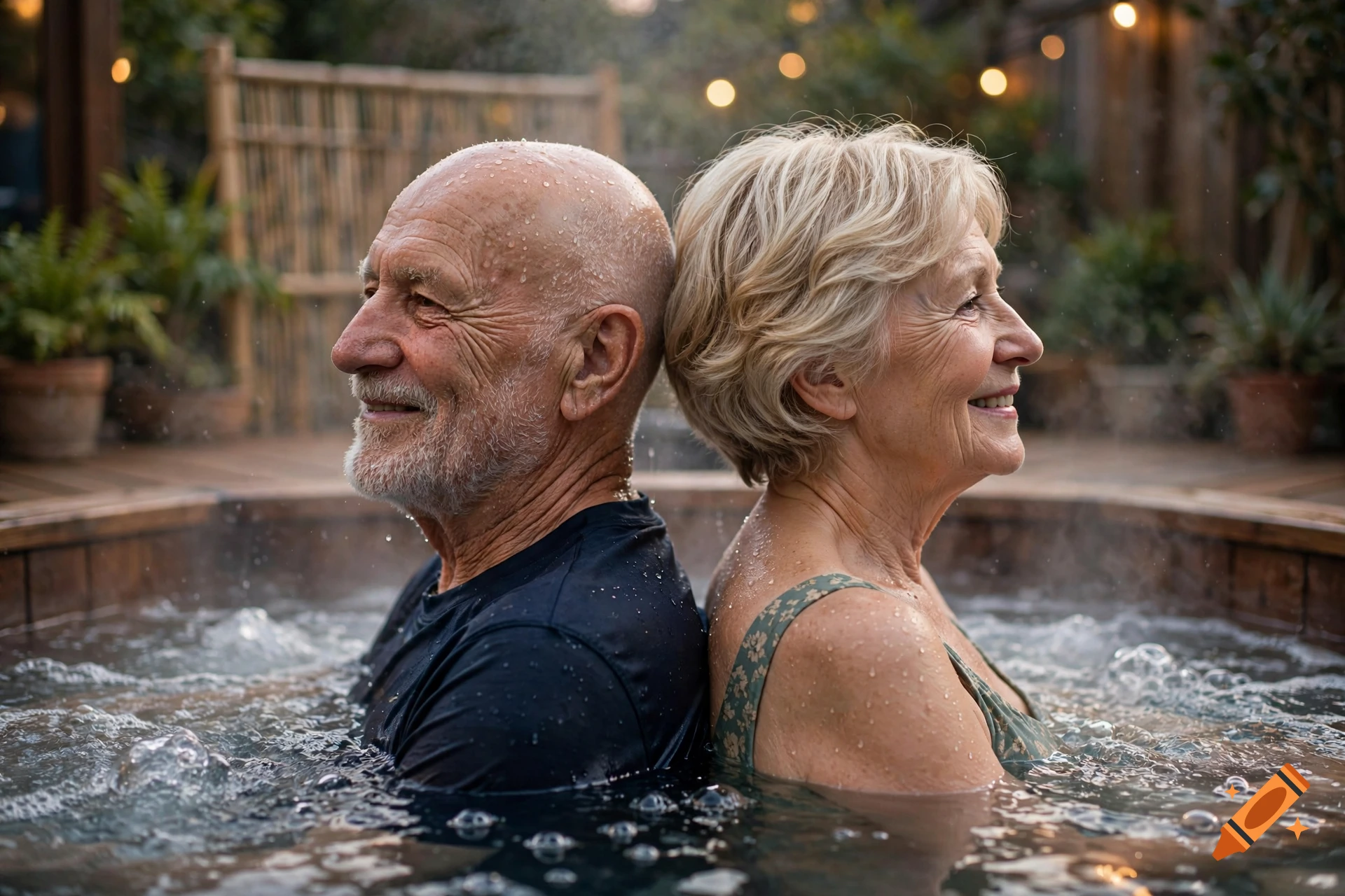 Photorealistic image of an elderly bald man and woman with short blonde hair smiling back-to-back in a hot tub outdoors.