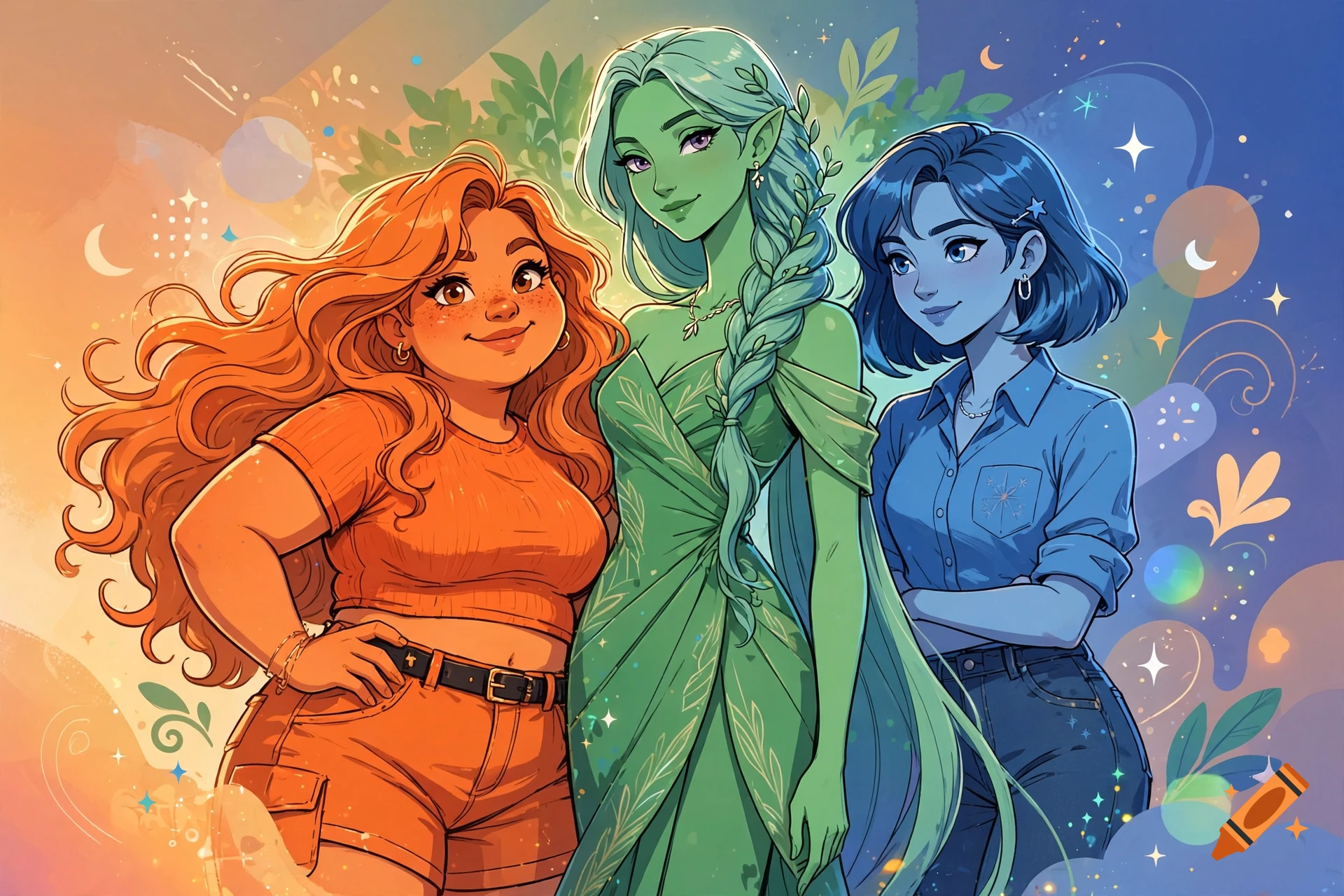 Digital illustration of three diverse female friends with colored skin tones in orange, green, and blue, posing together in a stylized cartoon style.