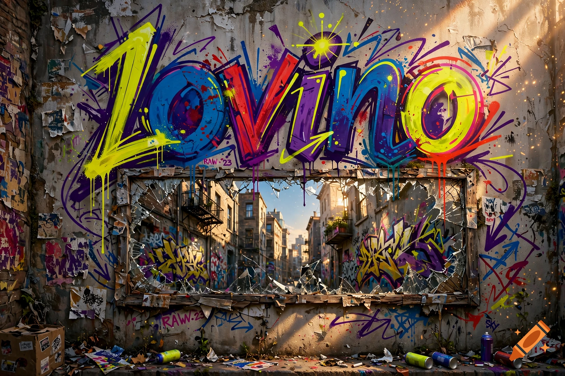 Graffiti art reading 'LOVINO' on a weathered wall featuring a shattered mirror reflecting a city street.